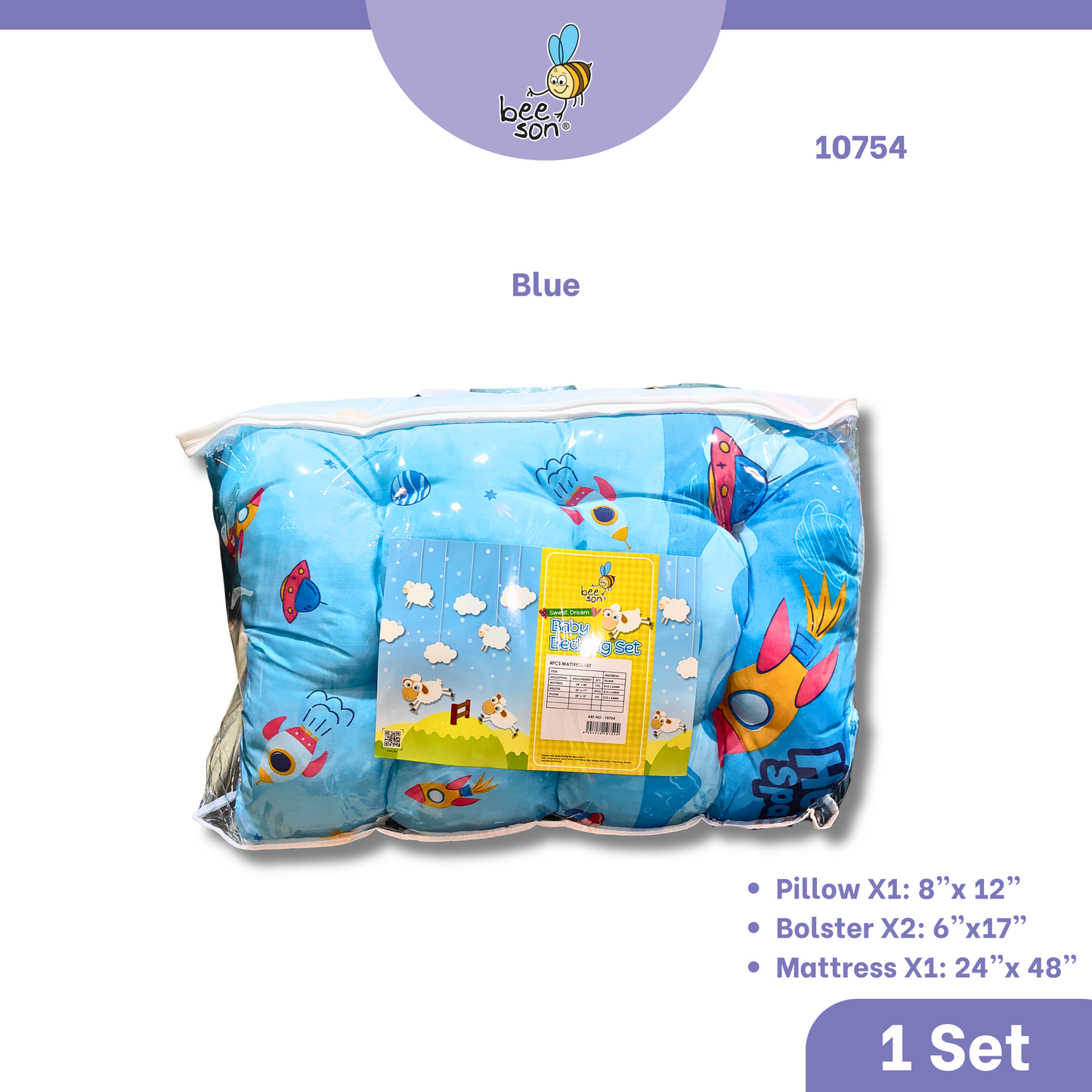 Beeson 4in1 Baby Bedding Set With Pillow + Bolsters + Thick Mattress 10754