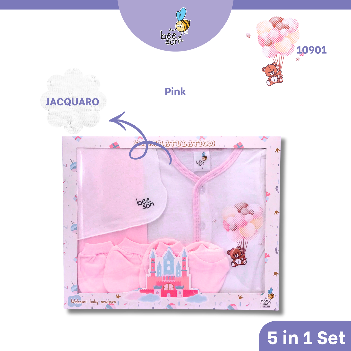 Beeson 5in1 Jacquaro Newborn Baby Girl Hamper Wear Gift Set Box 10901