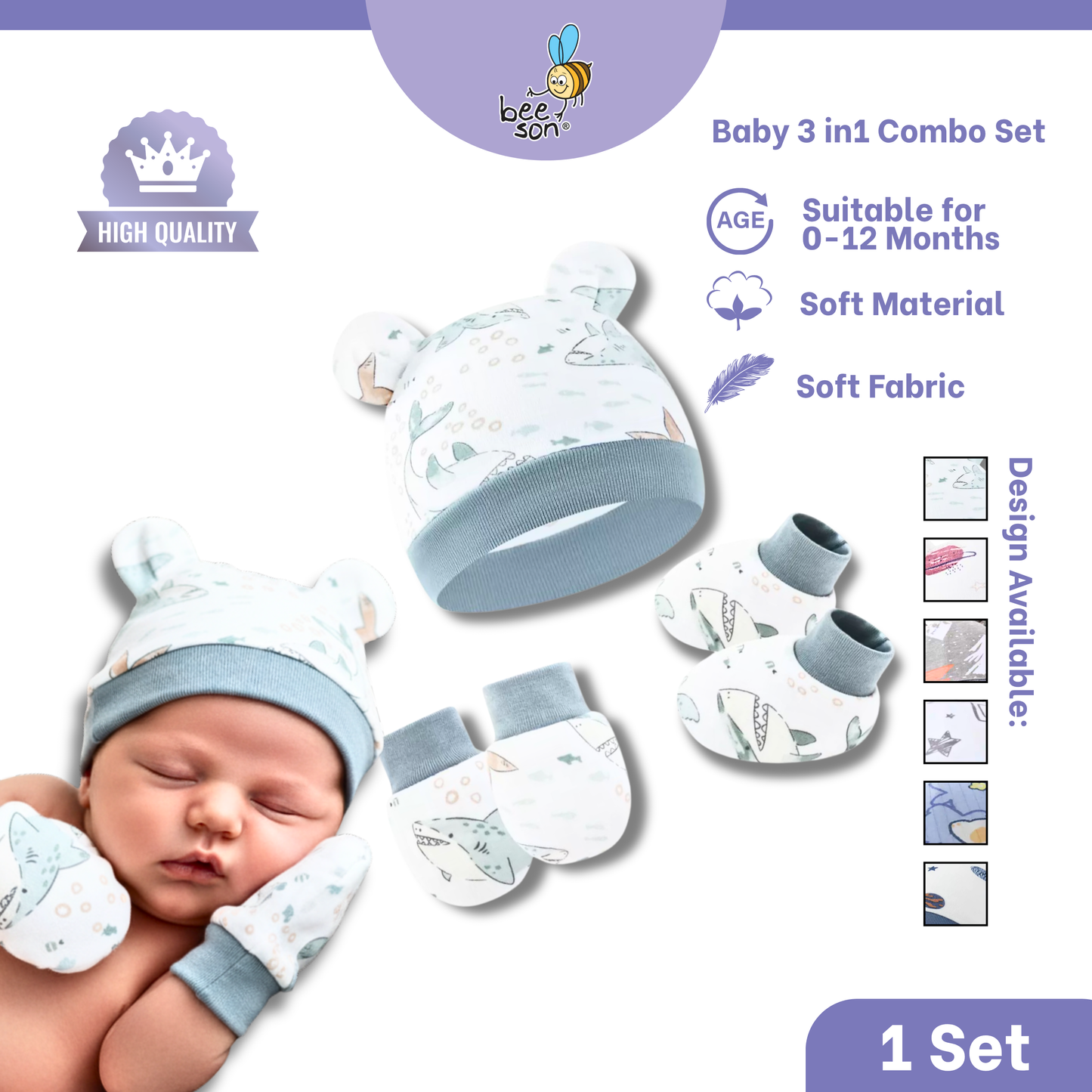 Beeson 3in1 Newborn Mittens & Booties with Bonnet Set 10550 | 10551 | 10554