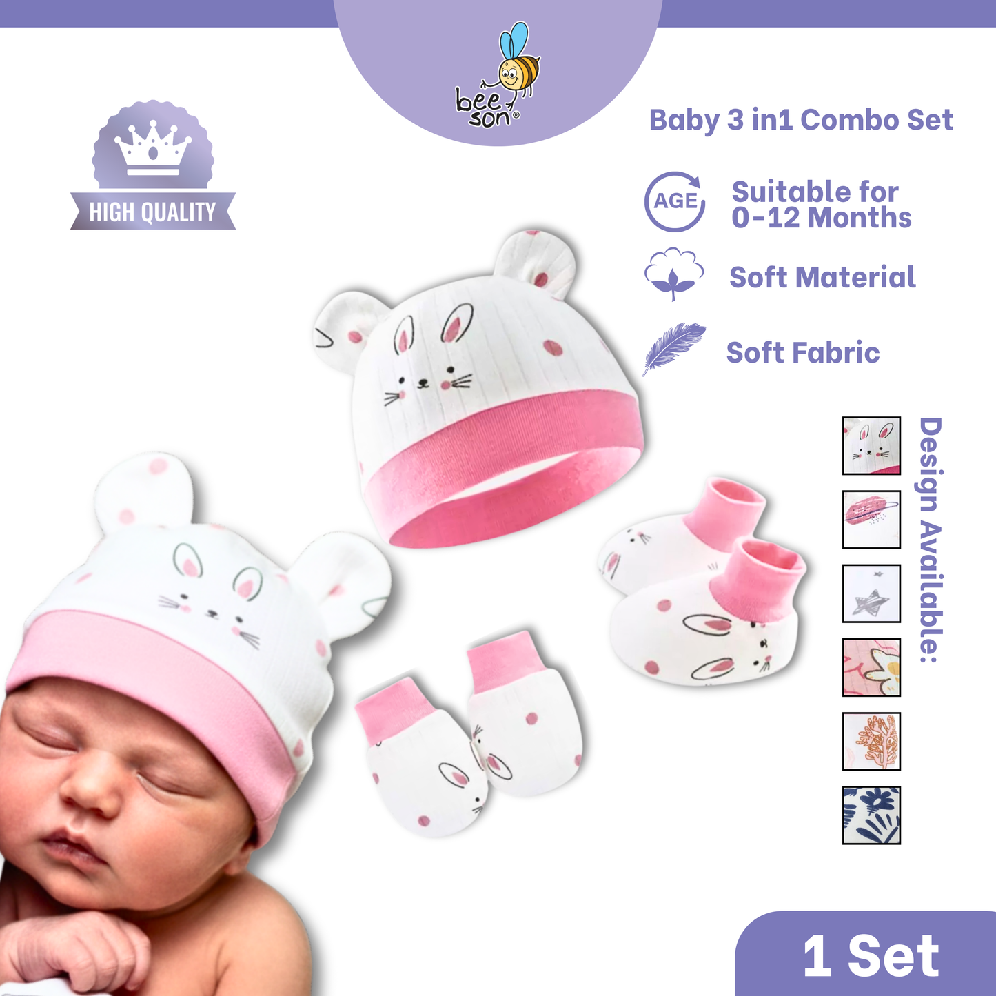 Beeson 3in1 Newborn Mittens & Booties with Bonnet Set 10550 | 10551 | 10554