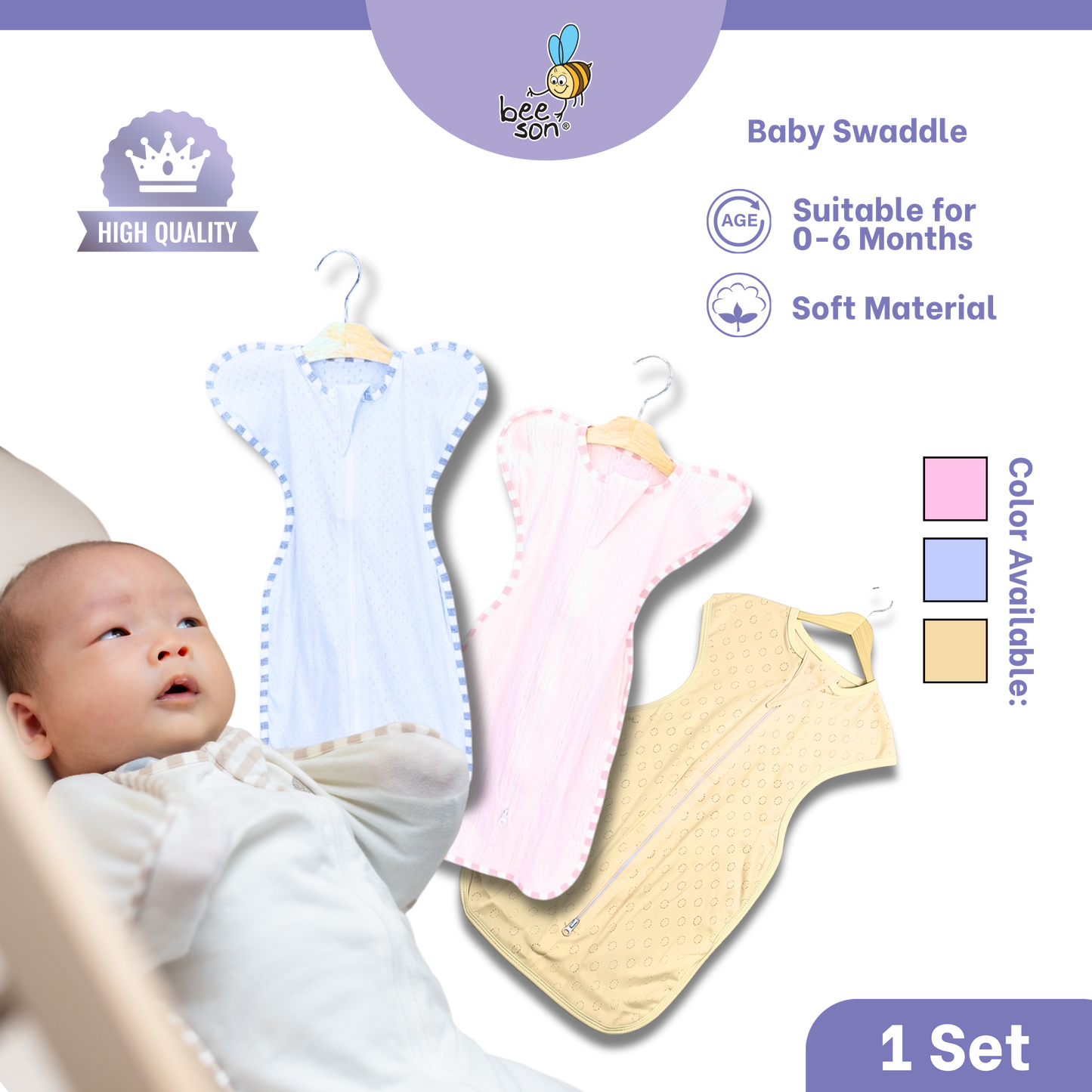 Beeson Newborn Baby Dual Zipped Swaddle | Soft Cotton Sleep Sack | Two-Way Zip Swaddle | Newborn Essentials (0–6 Months) | 10684