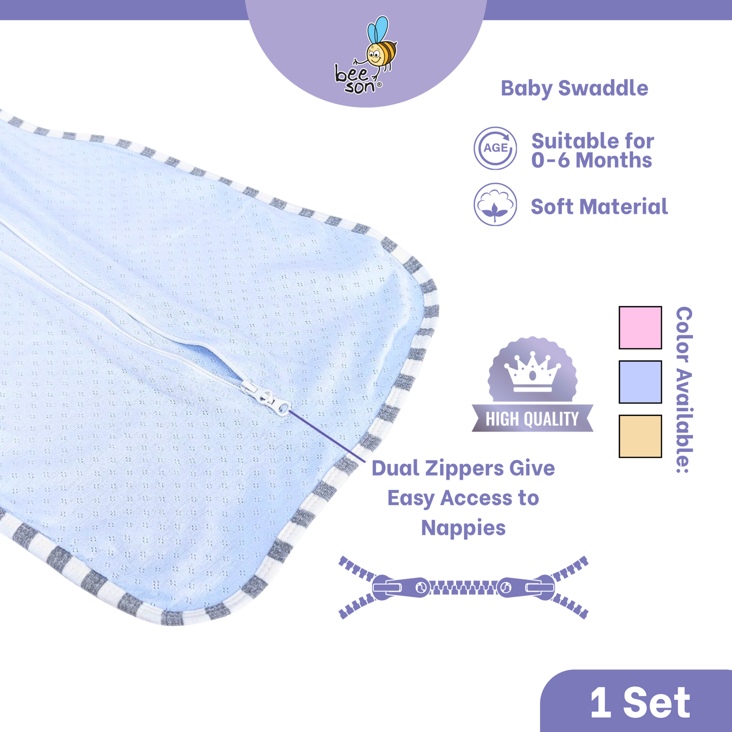 Beeson Newborn Baby Dual Zipped Swaddle | Soft Cotton Sleep Sack | Two-Way Zip Swaddle | Newborn Essentials (0–6 Months) | 10684