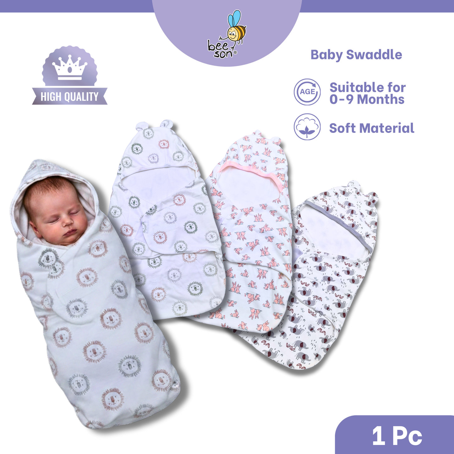 Beeson Baby Velcro Swaddle Wrap | Soft Breathable Cotton Newborn Swaddle Blanket | Adjustable Sleep Sack (0–3 Months) | 10698