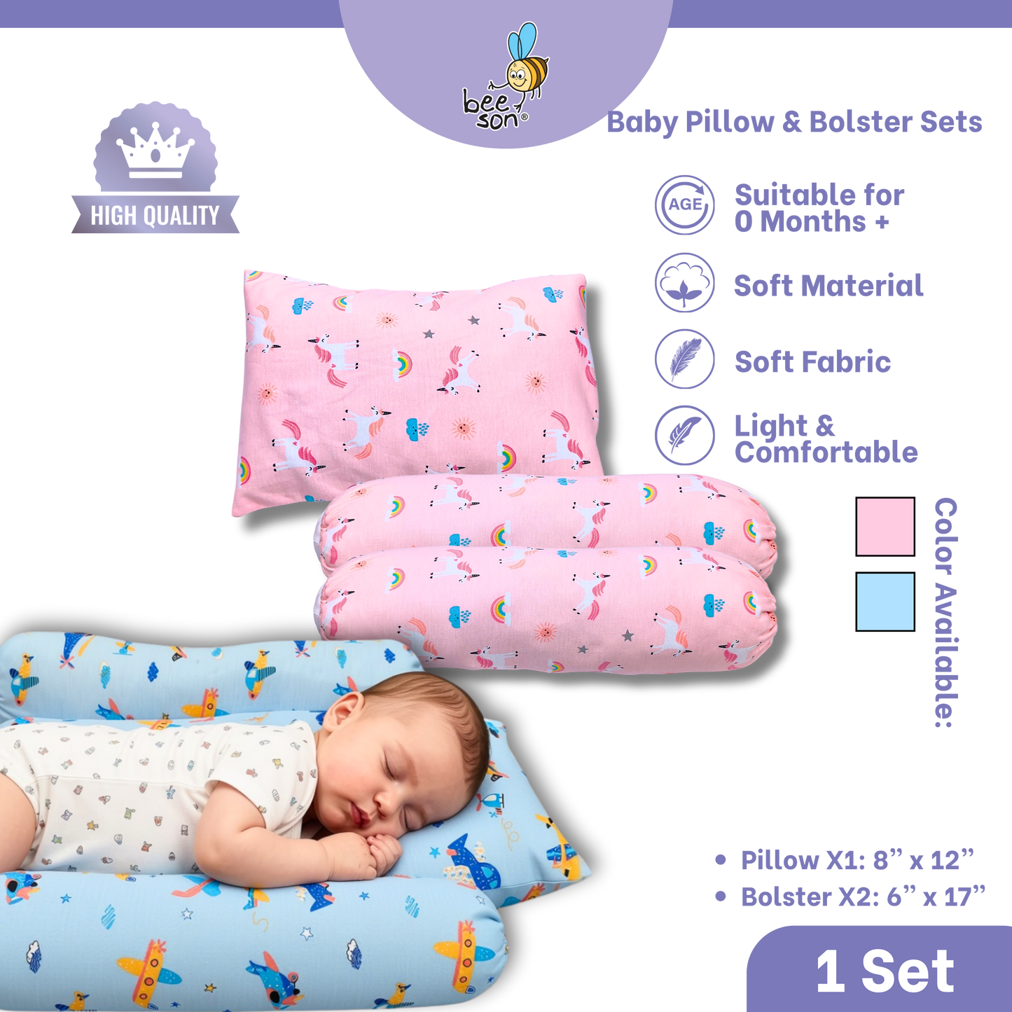 Beeson 3in1 Baby Soft Bedding Set With Pillow & Bolster | 10731