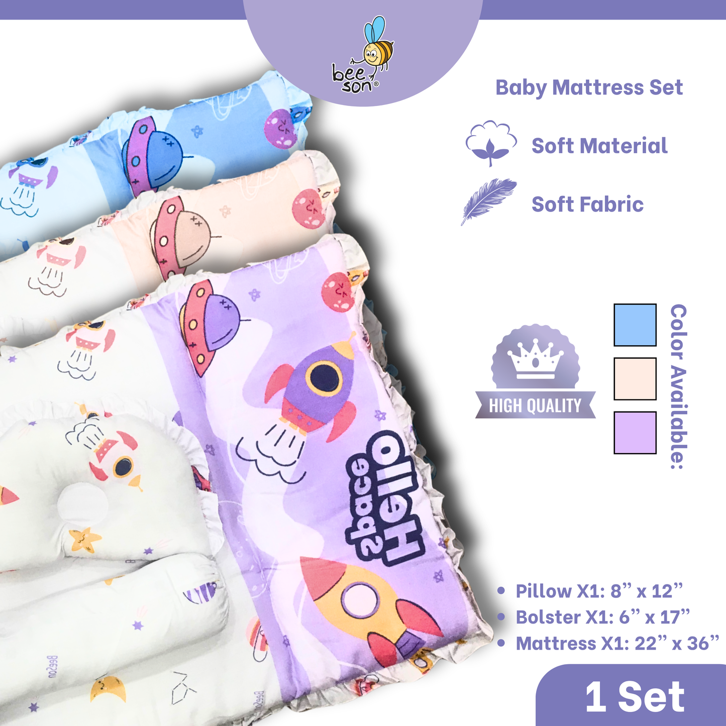Beeson 3in1 Baby Bedding Set With Bolsters + Dimple Pillow + Mattress 10750