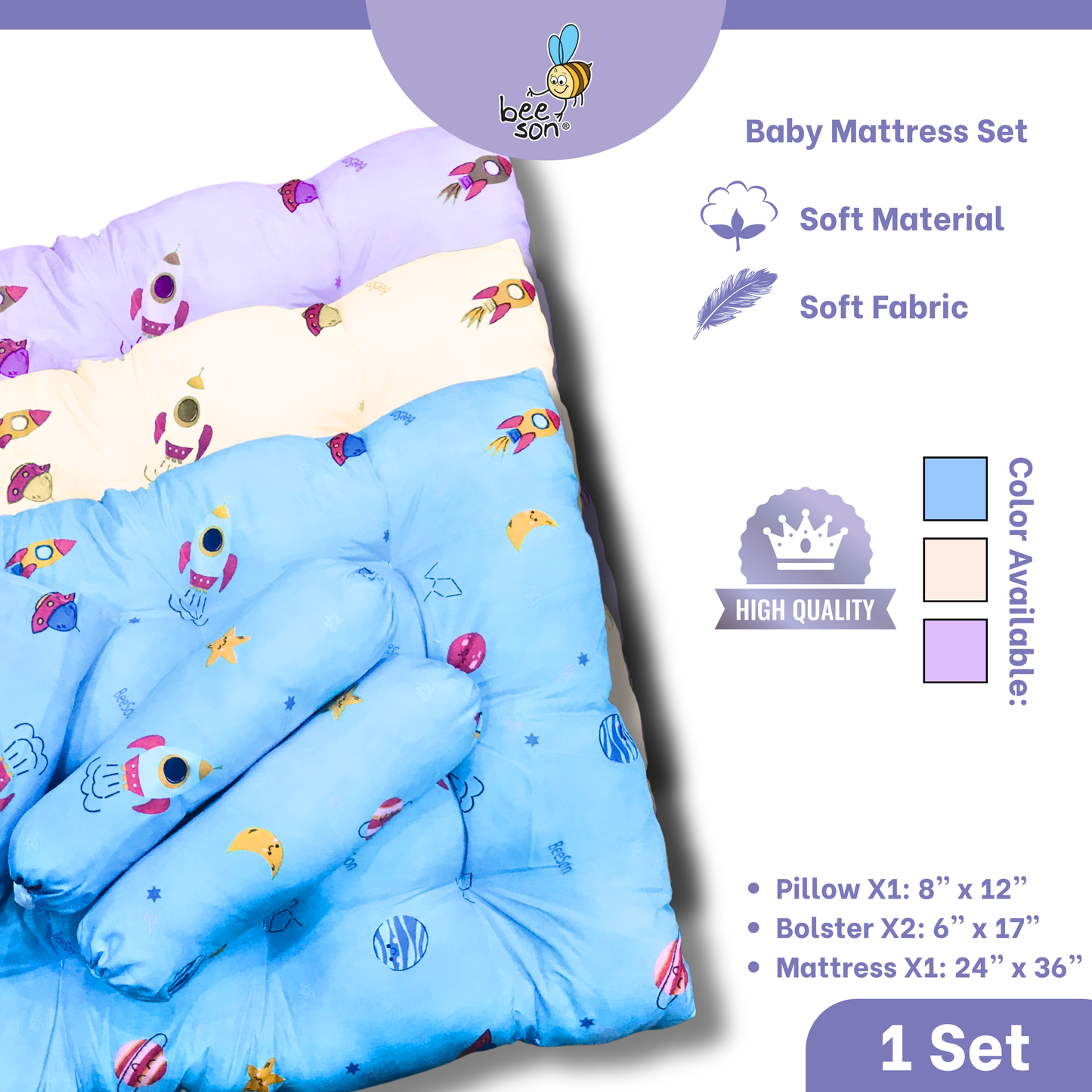 Beeson 4in1 Baby Bedding Set With Pillow + Bolsters + Thick Mattress 10753