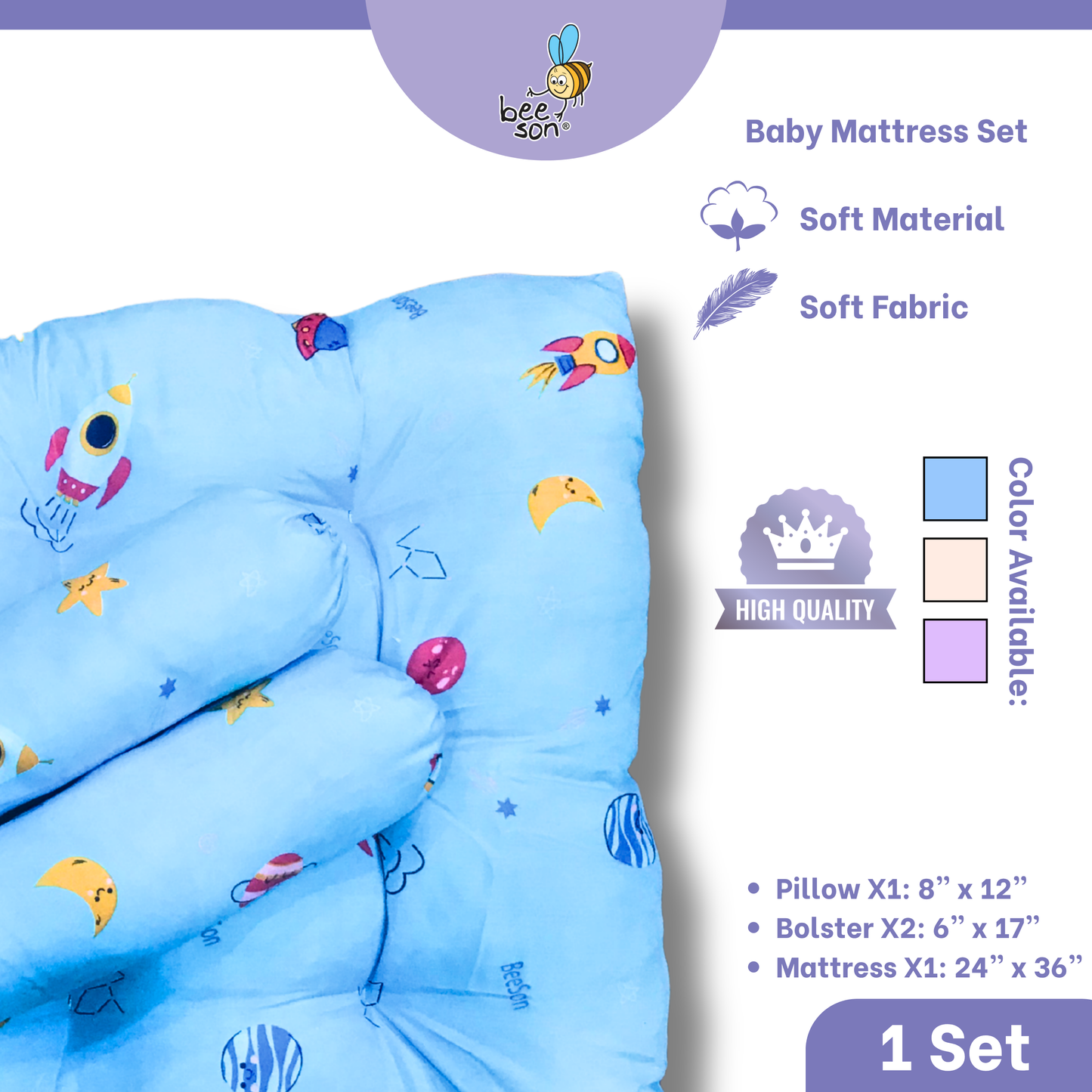 Beeson 4in1 Baby Bedding Set With Pillow + Bolsters + Thick Mattress 10753