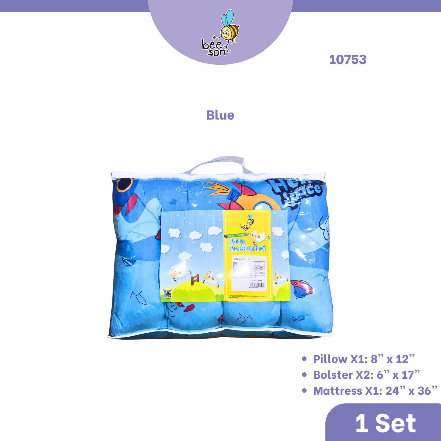 Beeson 4in1 Baby Bedding Set With Pillow + Bolsters + Thick Mattress 10753
