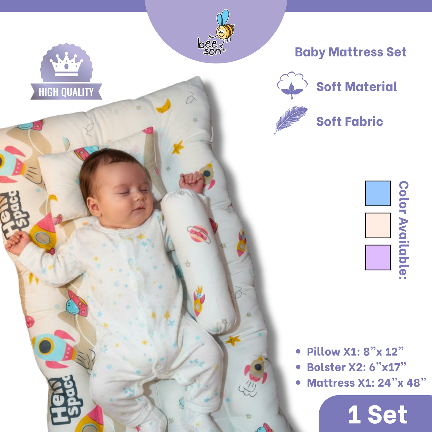 Beeson 4in1 Baby Bedding Set With Pillow + Bolsters + Thick Mattress 10754