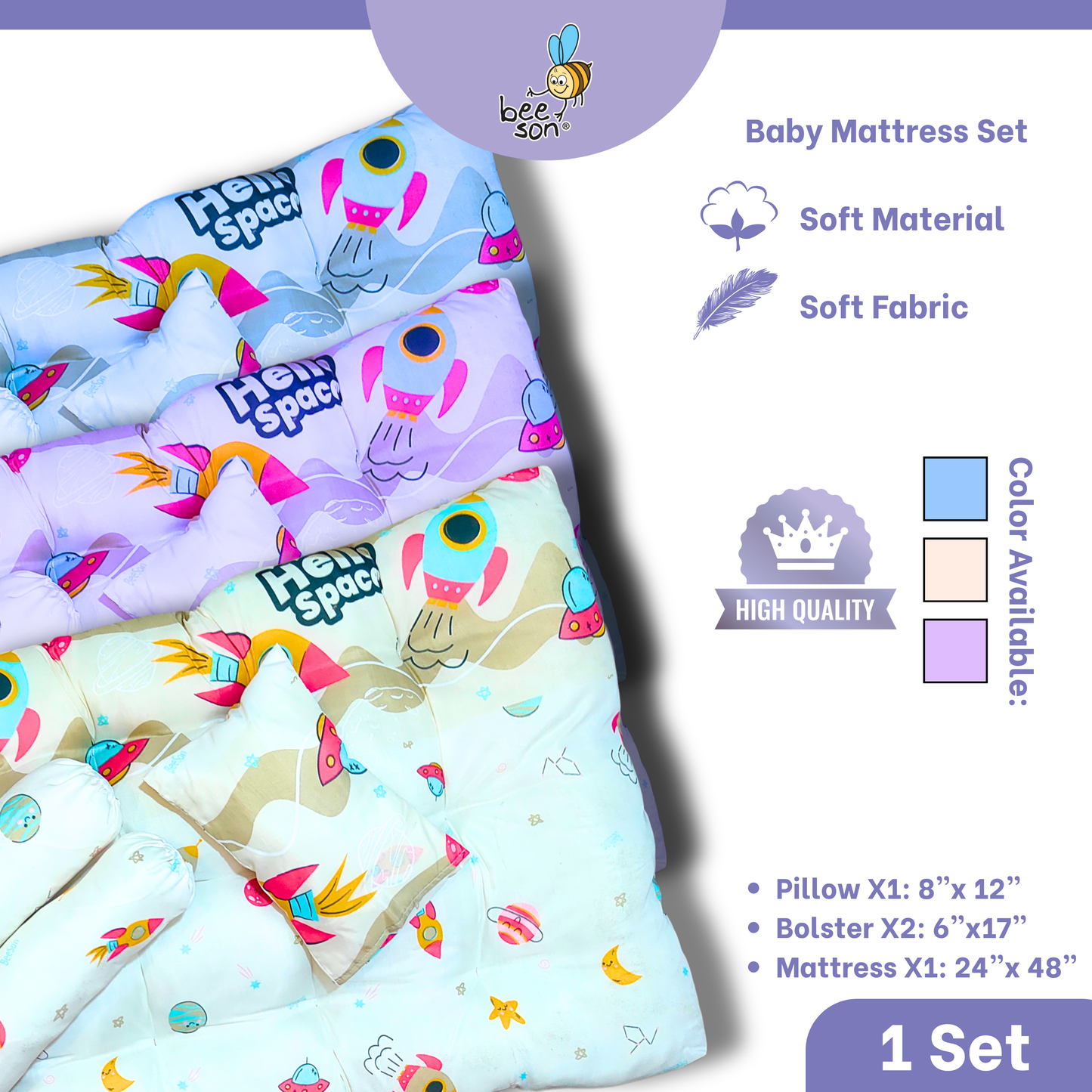 Beeson 4in1 Baby Bedding Set With Pillow + Bolsters + Thick Mattress 10754