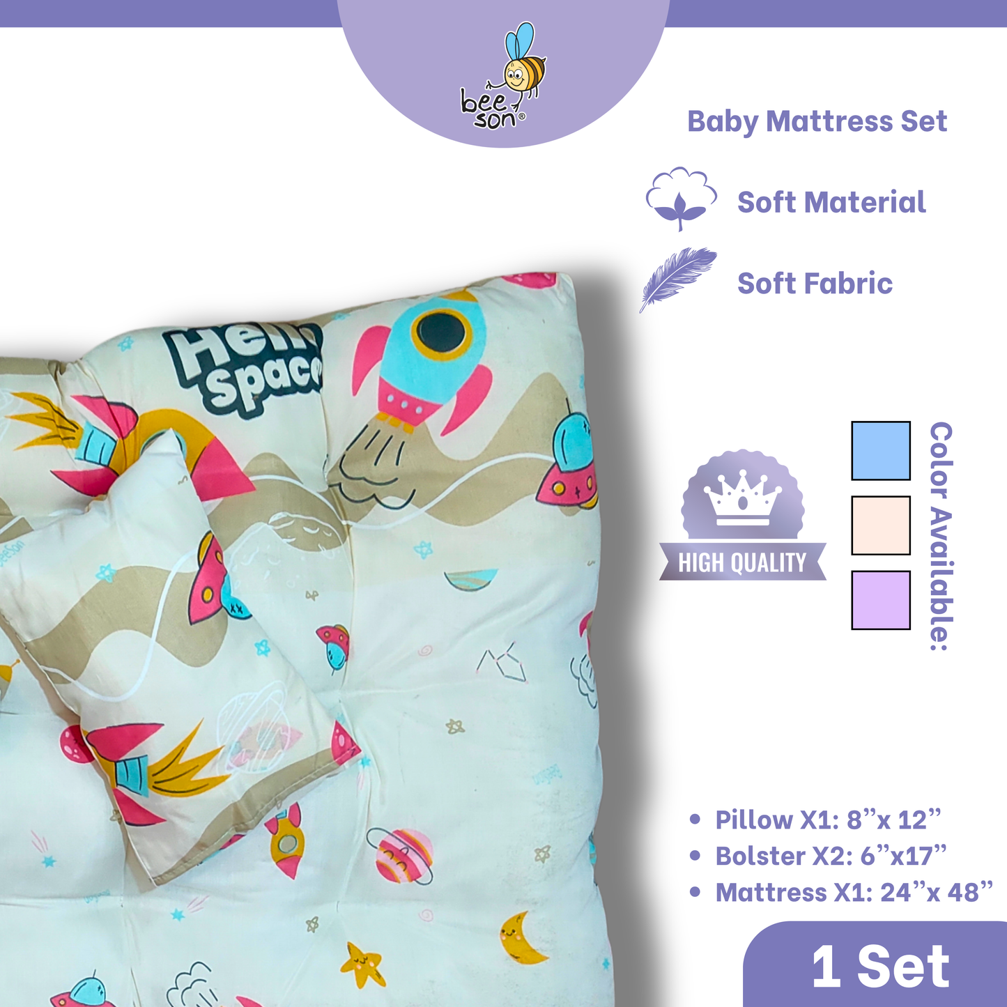 Beeson 4in1 Baby Bedding Set With Pillow + Bolsters + Thick Mattress 10754