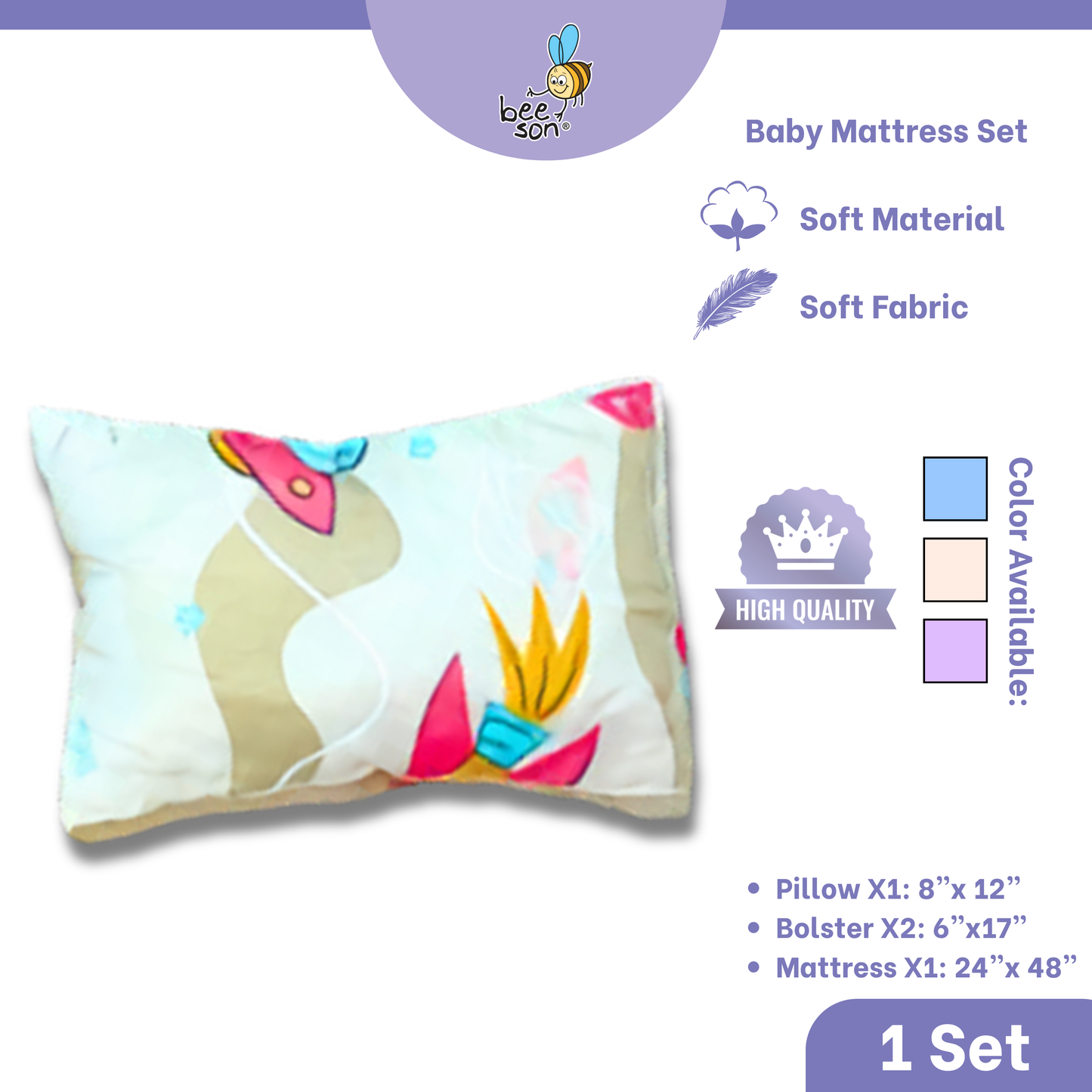 Beeson 4in1 Baby Bedding Set With Pillow + Bolsters + Thick Mattress 10754