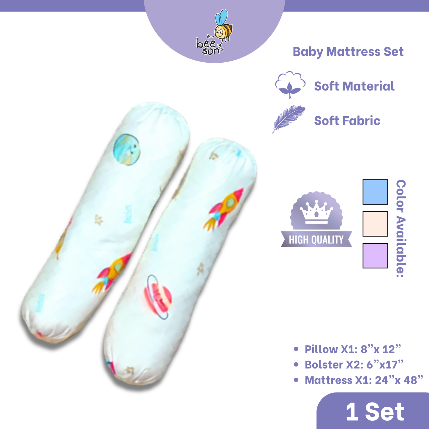 Beeson 4in1 Baby Bedding Set With Pillow + Bolsters + Thick Mattress 10754