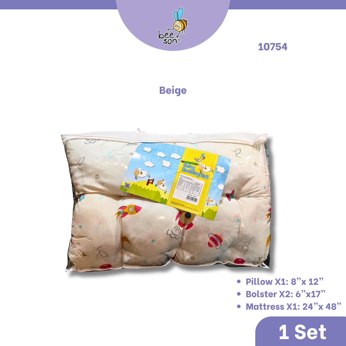 Beeson 4in1 Baby Bedding Set With Pillow + Bolsters + Thick Mattress 10754