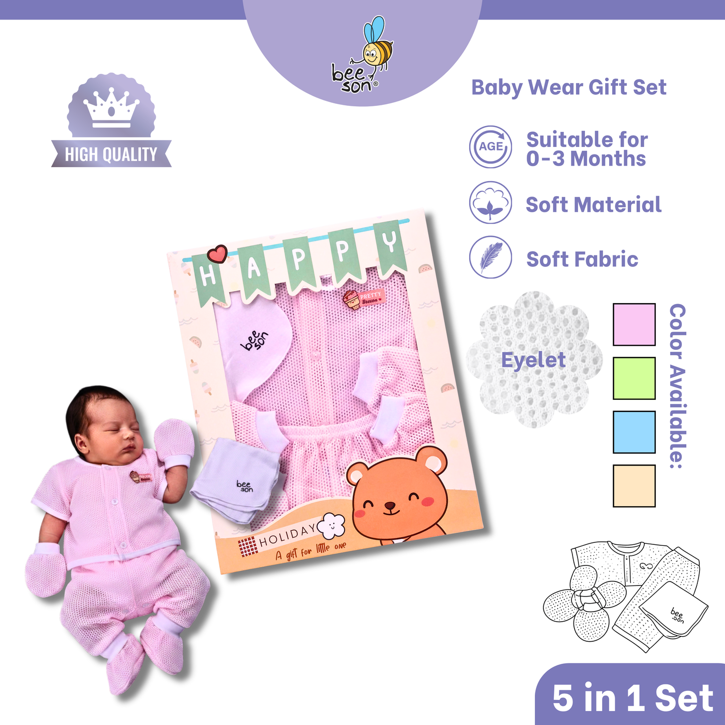 Beeson 5in1 Eyelet Newborn Baby Boy / Girl Hamper Wear Gift Set Box 10900