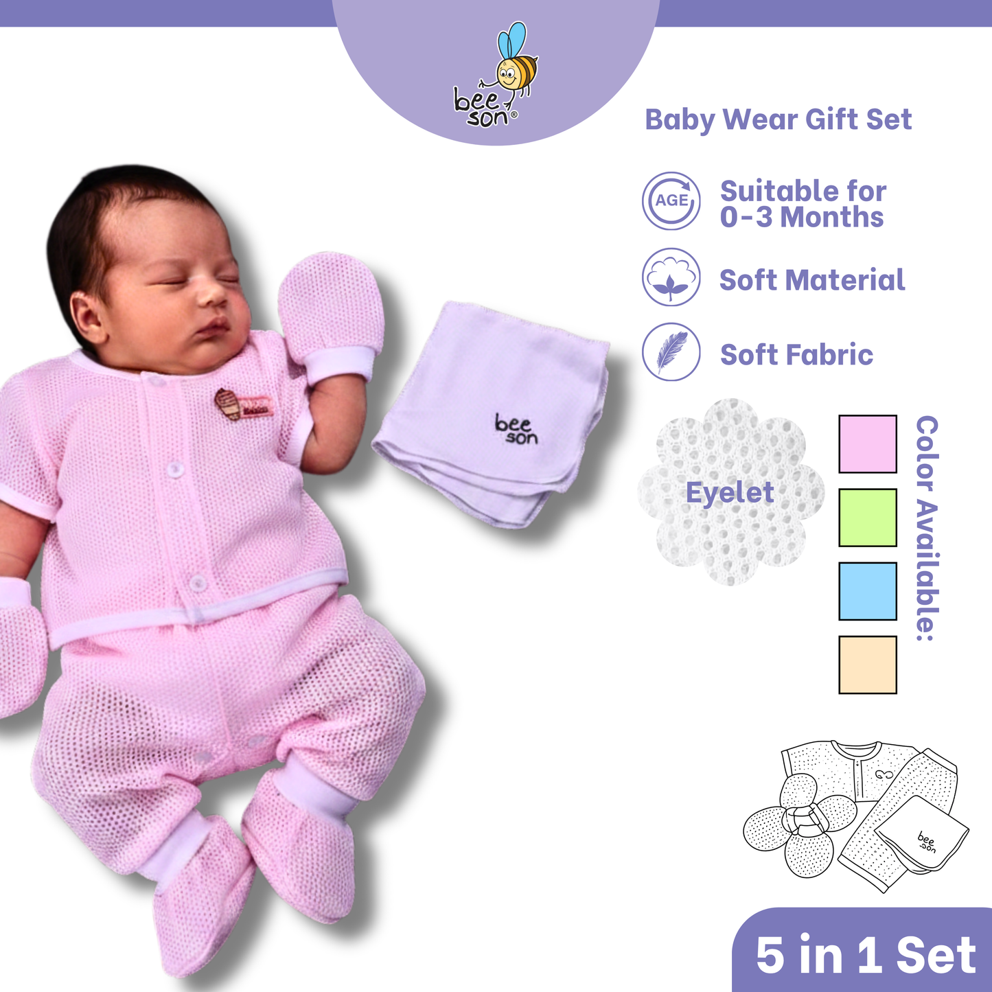 Beeson 5in1 Eyelet Newborn Baby Boy / Girl Hamper Wear Gift Set Box 10900