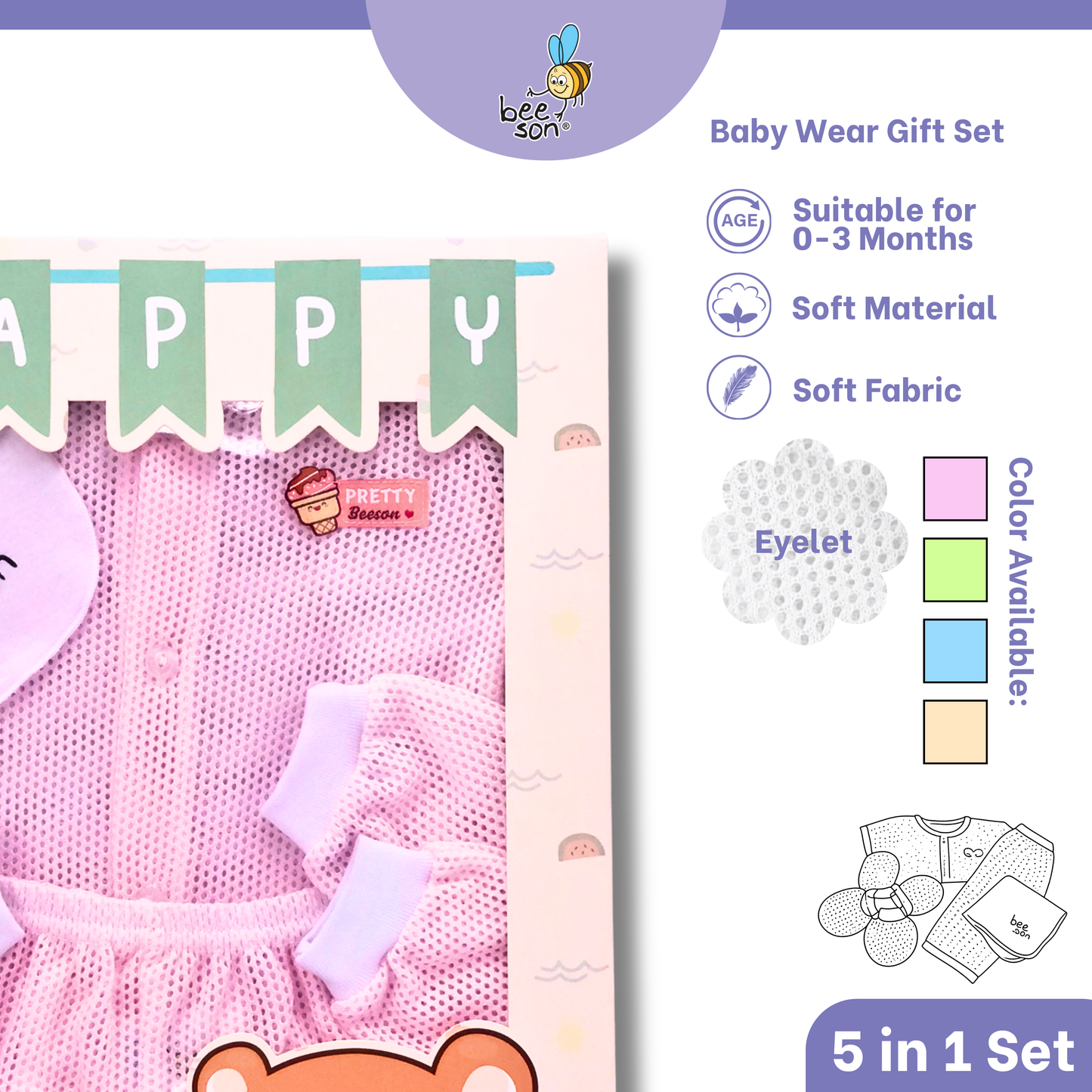 Beeson 5in1 Eyelet Newborn Baby Boy / Girl Hamper Wear Gift Set Box 10900