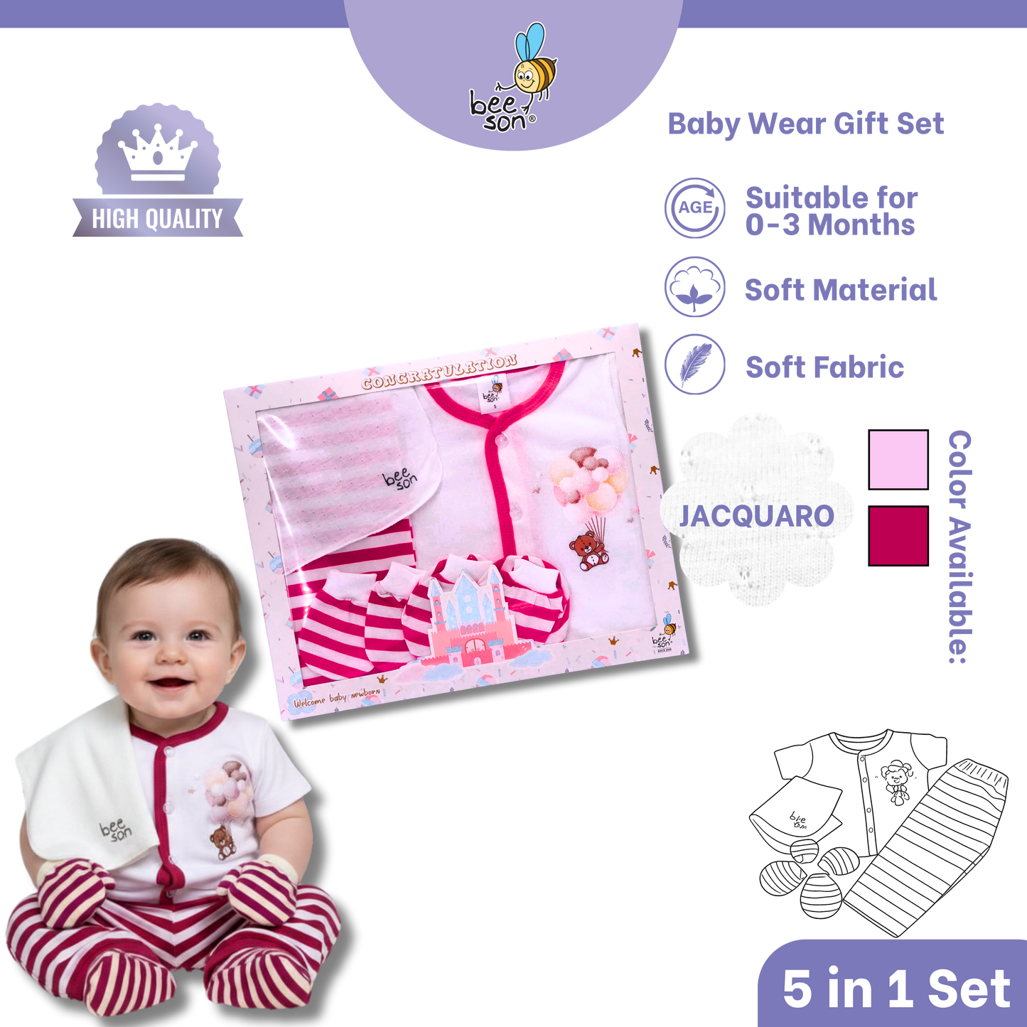 Beeson 5in1 Jacquaro Newborn Baby Girl Hamper Wear Gift Set Box 10901