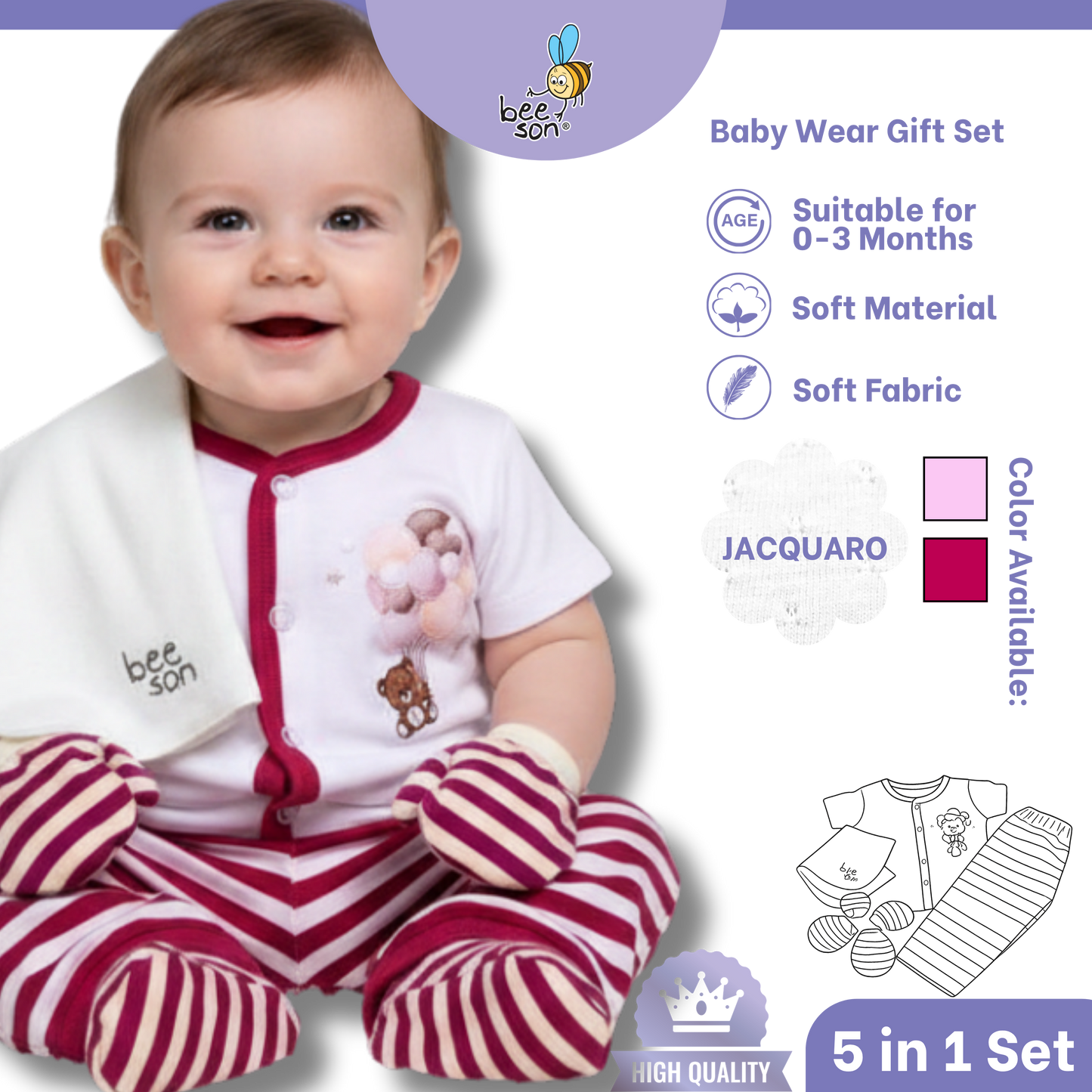 Beeson 5in1 Jacquaro Newborn Baby Girl Hamper Wear Gift Set Box 10901