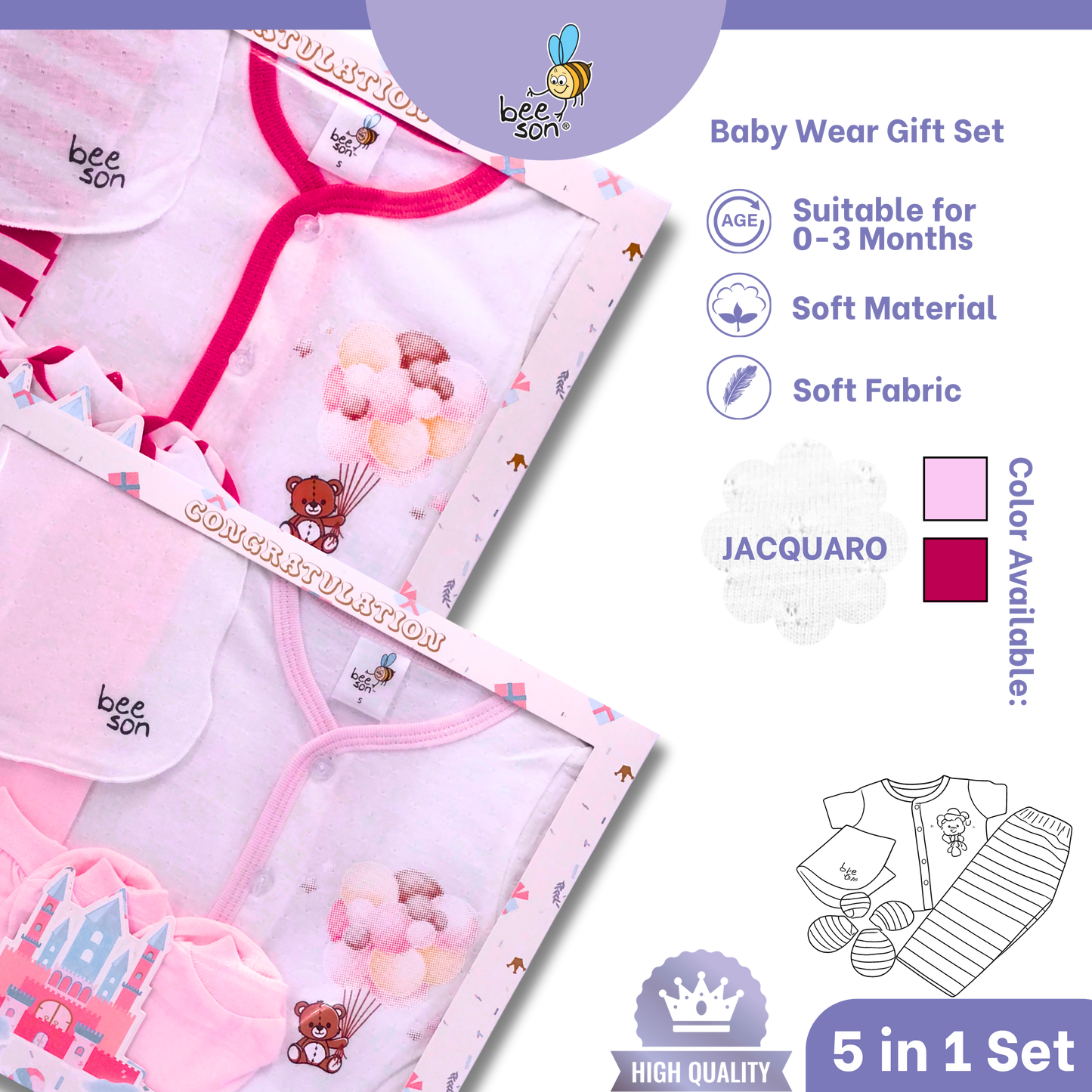 Beeson 5in1 Jacquaro Newborn Baby Girl Hamper Wear Gift Set Box 10901