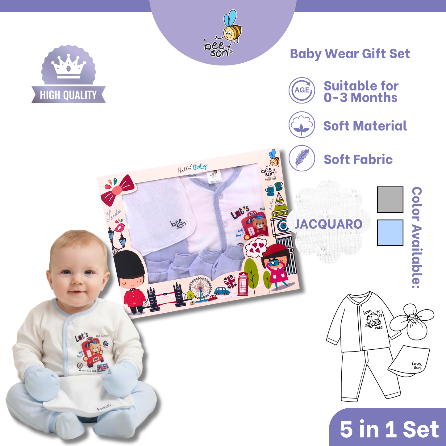Beeson 5in1 Jacquaro Newborn Baby Boy Hamper Wear Gift Set Box 10902
