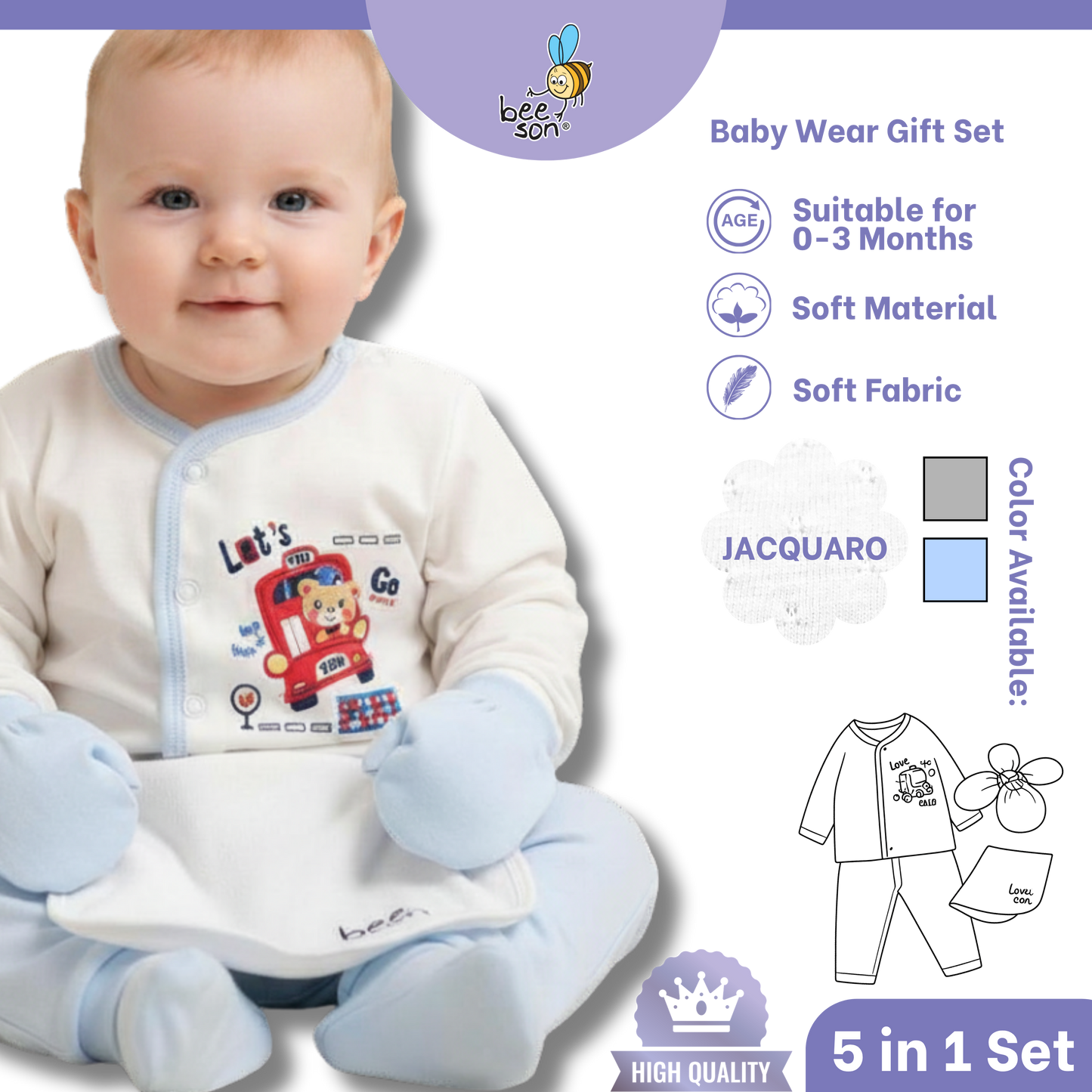 Beeson 5in1 Jacquaro Newborn Baby Boy Hamper Wear Gift Set Box 10902