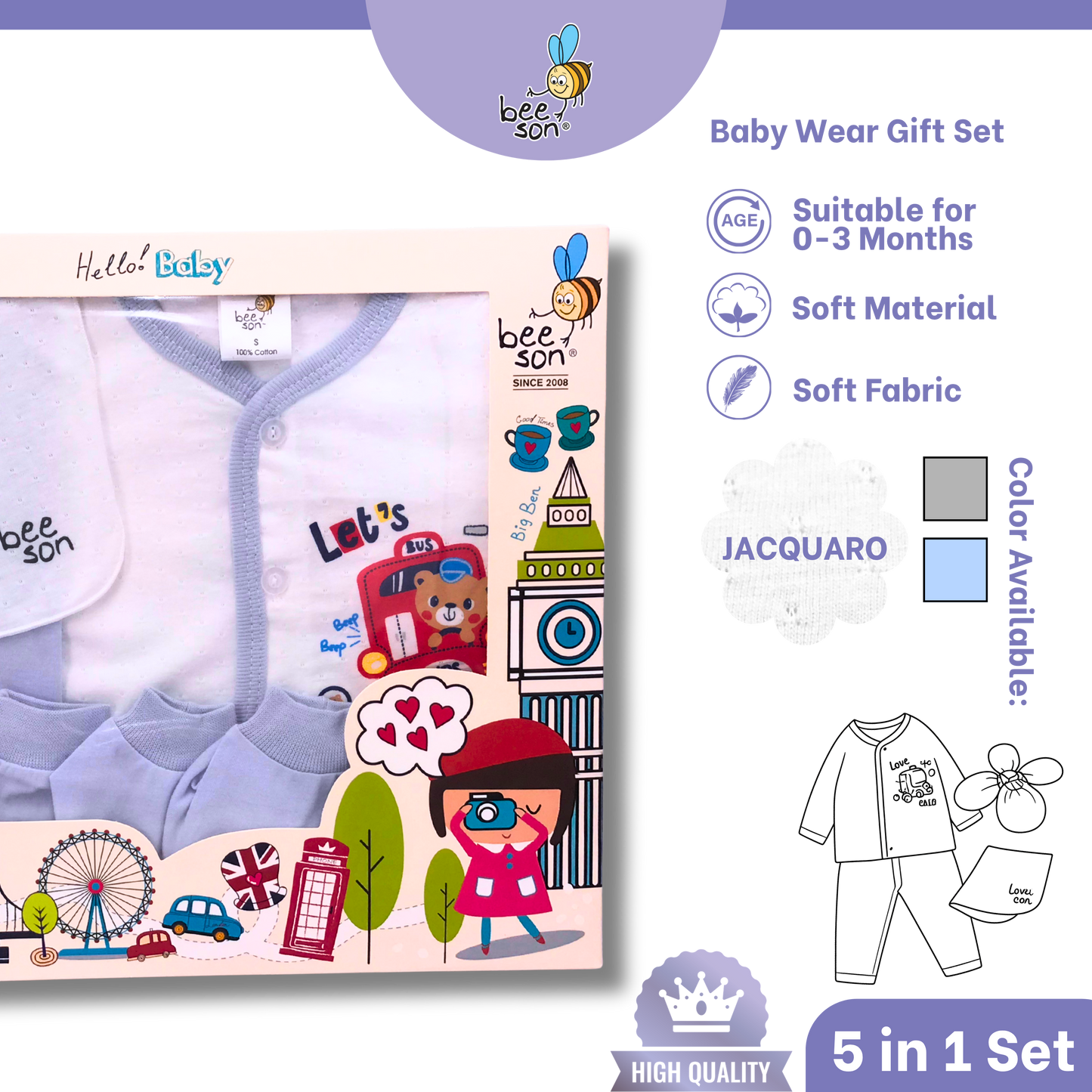 Beeson 5in1 Jacquaro Newborn Baby Boy Hamper Wear Gift Set Box 10902