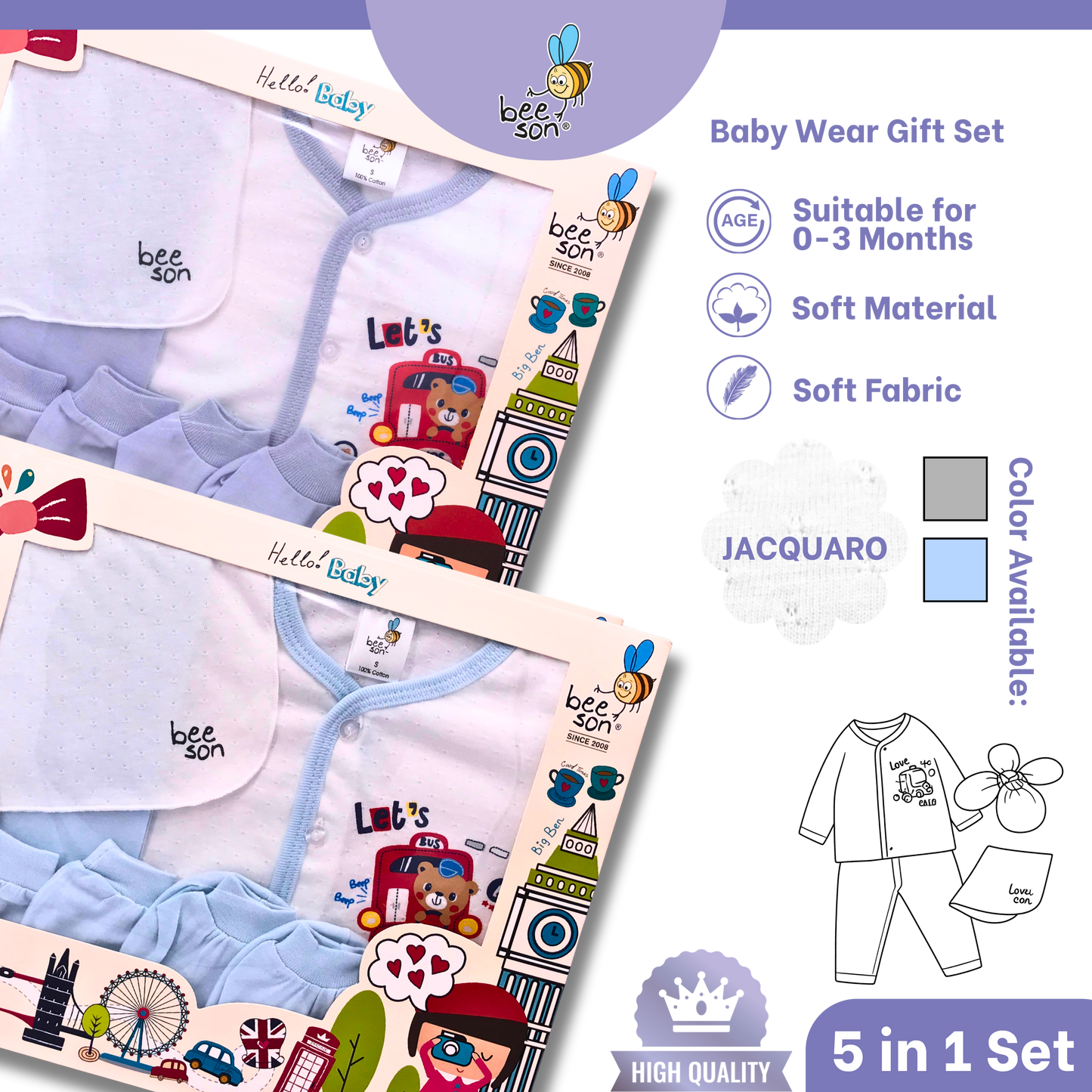 Beeson 5in1 Jacquaro Newborn Baby Boy Hamper Wear Gift Set Box 10902