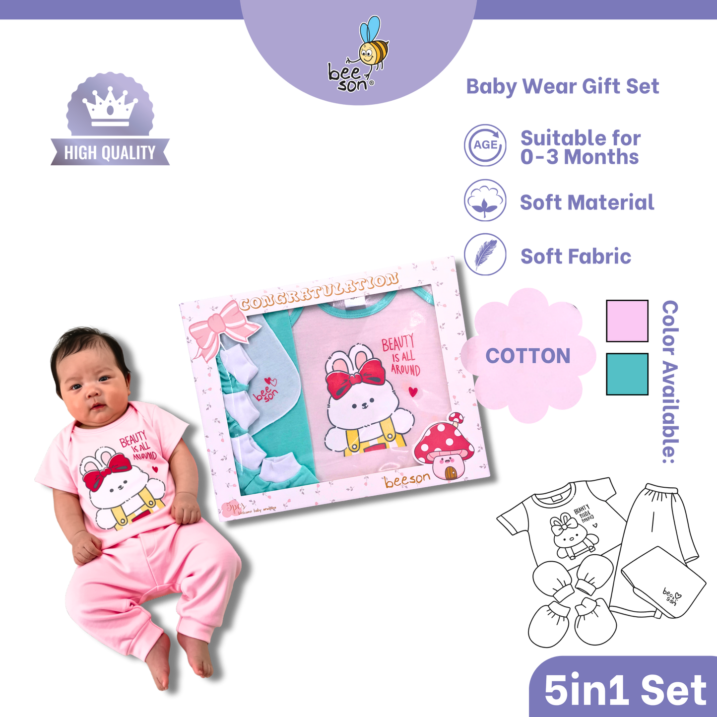 Beeson 5in1 Cotton Newborn Baby Girl Hamper Wear Gift Set Box | 10908