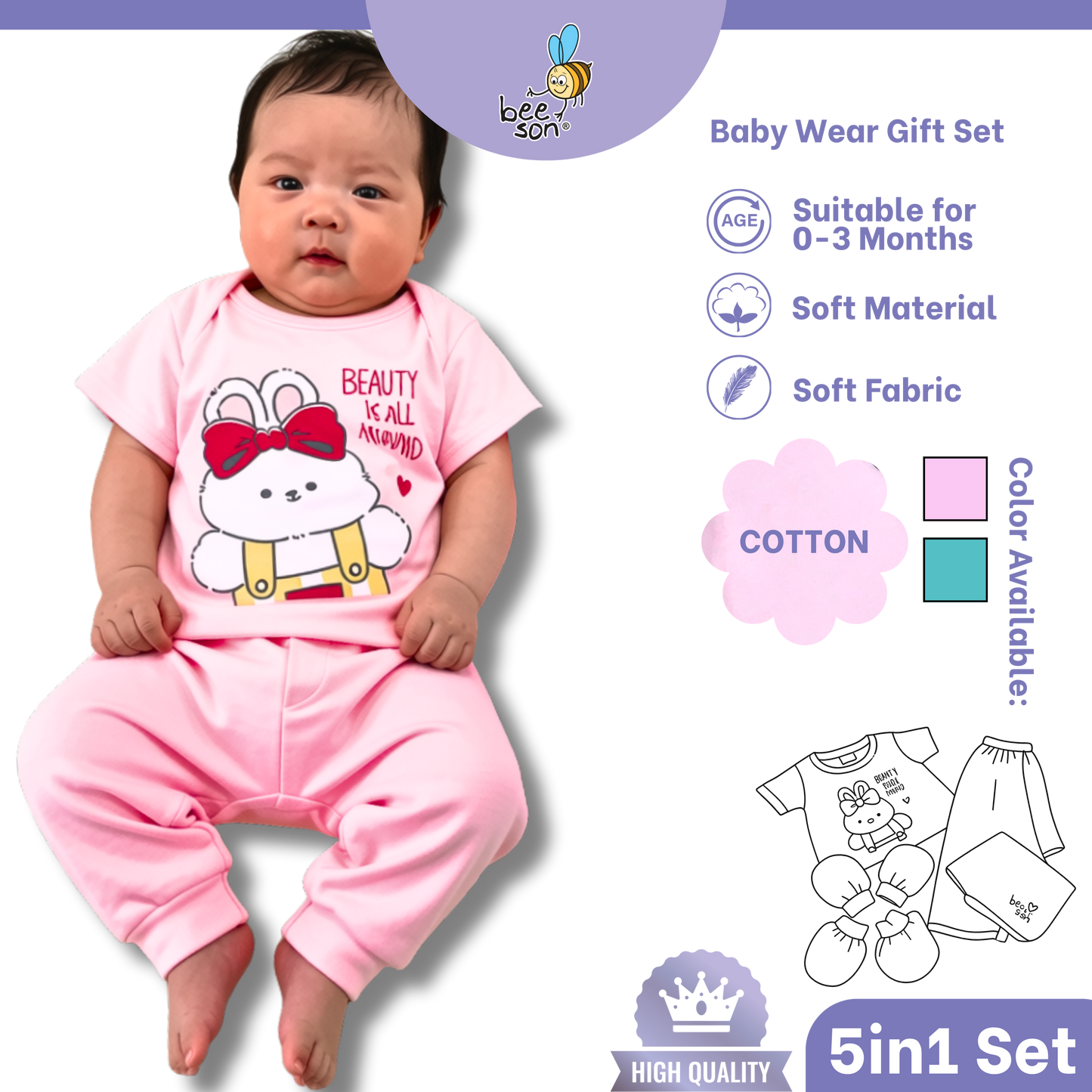 Beeson 5in1 Cotton Newborn Baby Girl Hamper Wear Gift Set Box | 10908