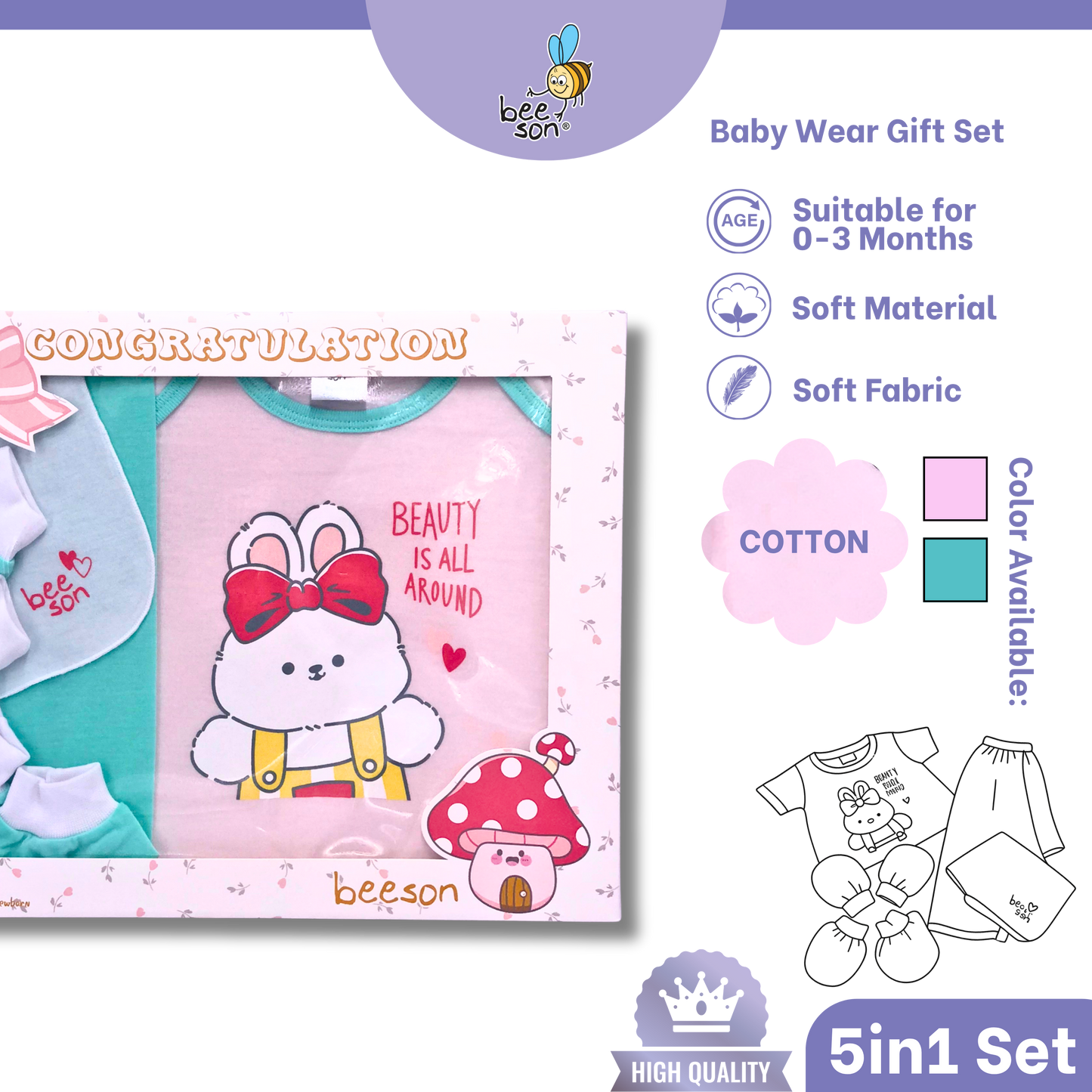 Beeson 5in1 Cotton Newborn Baby Girl Hamper Wear Gift Set Box | 10908