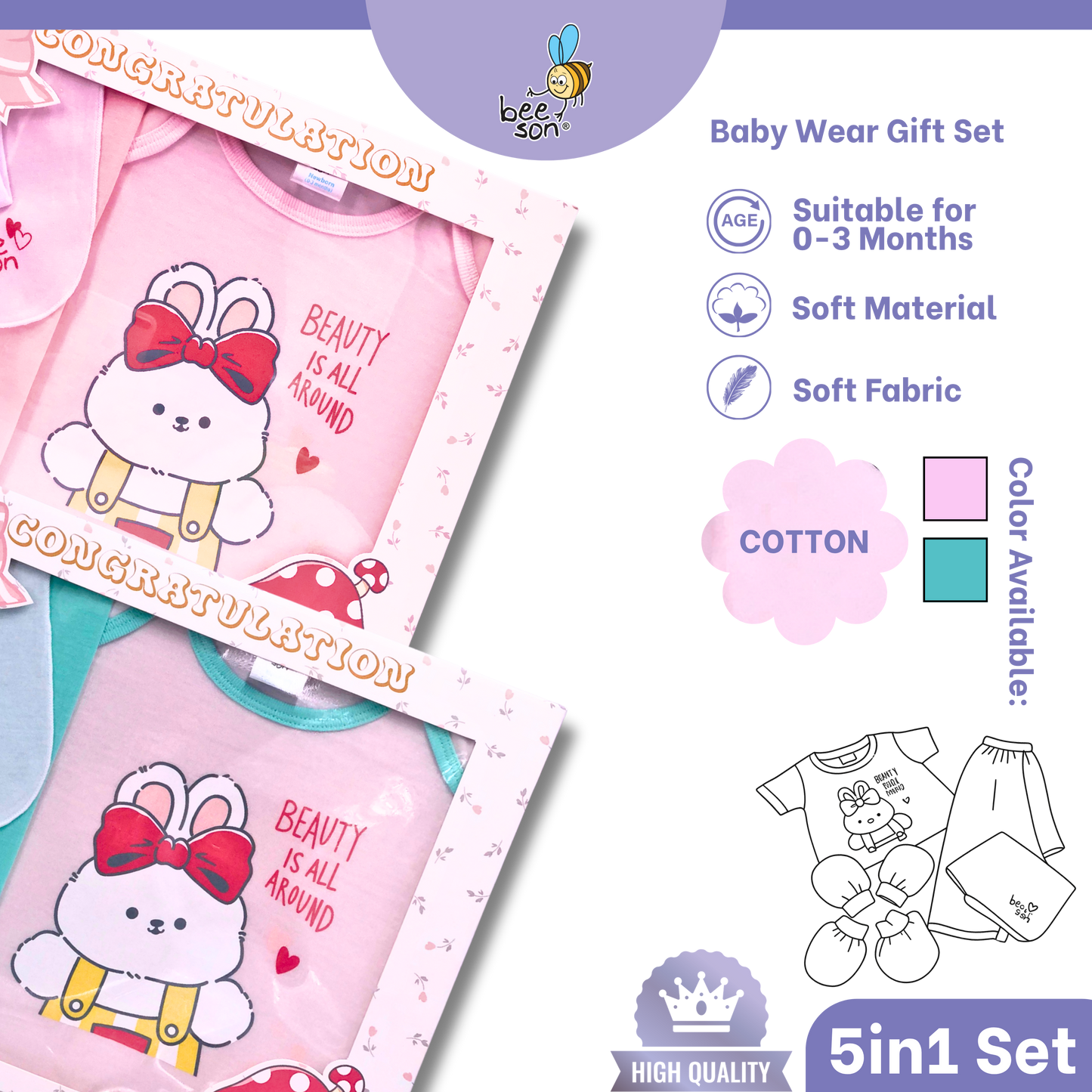 Beeson 5in1 Cotton Newborn Baby Girl Hamper Wear Gift Set Box | 10908