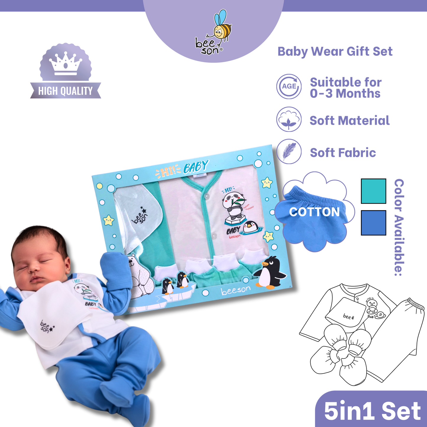 Beeson 5in1 Cotton Newborn Baby Boy / Girl Hamper Wear Gift Set Box | 10909