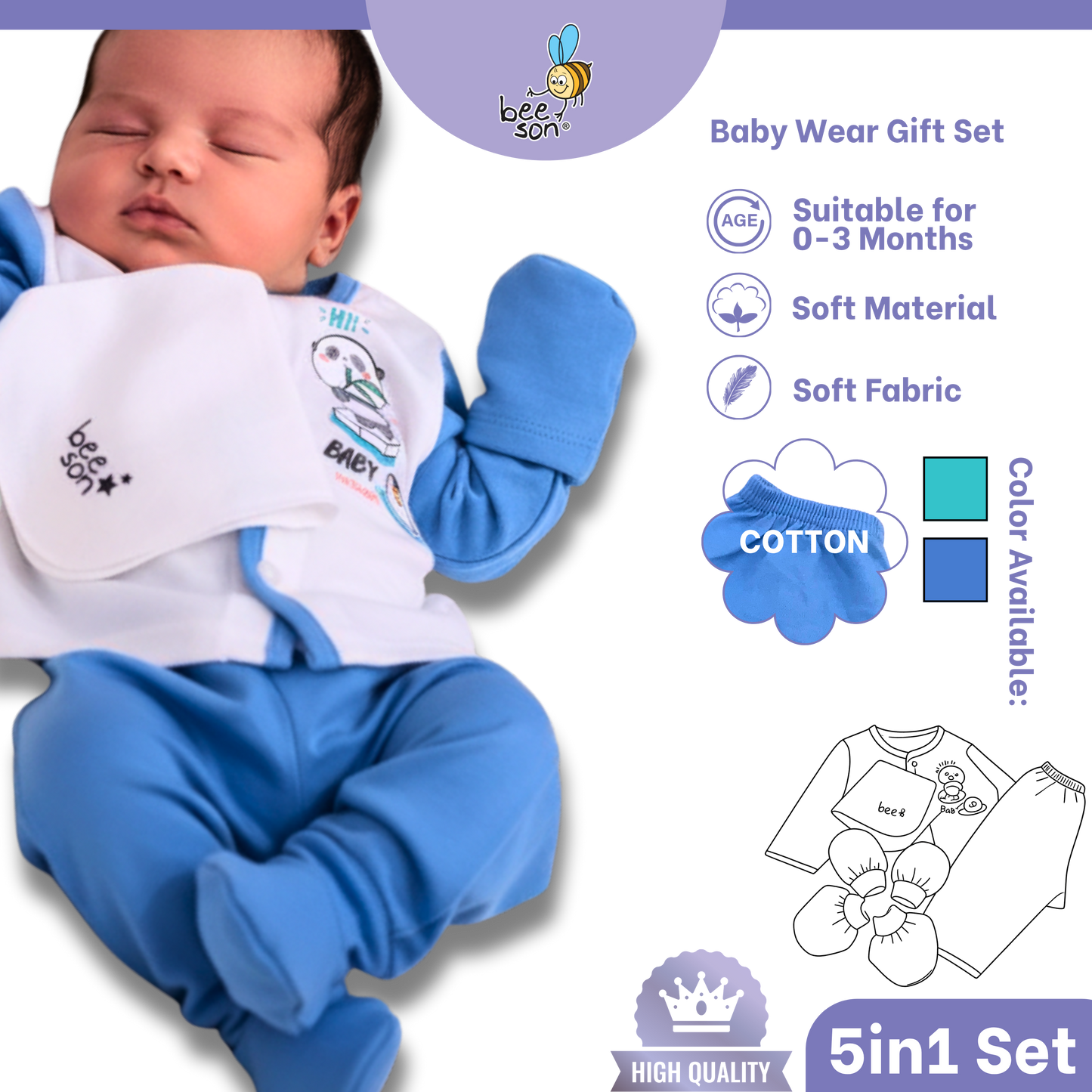 Beeson 5in1 Cotton Newborn Baby Boy / Girl Hamper Wear Gift Set Box | 10909