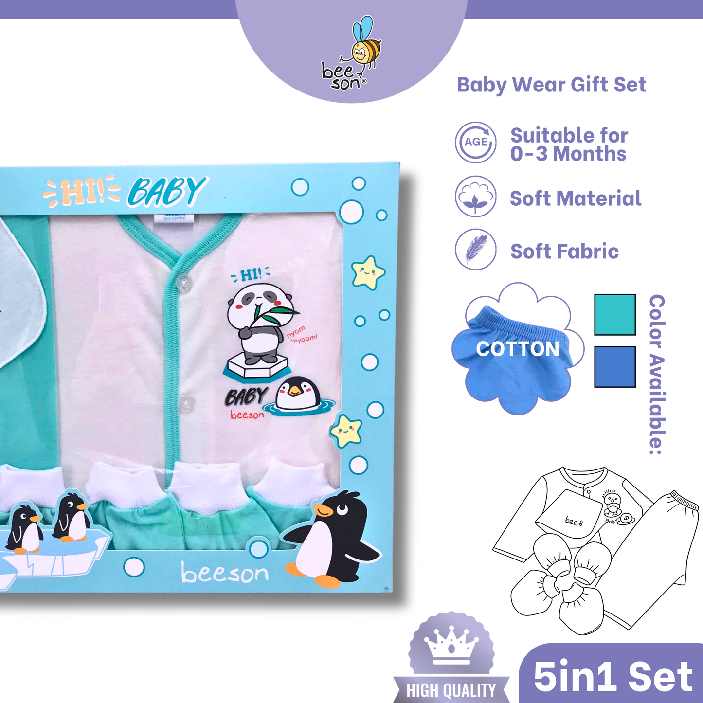 Beeson 5in1 Cotton Newborn Baby Boy / Girl Hamper Wear Gift Set Box | 10909