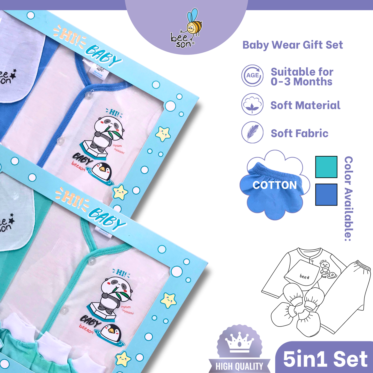 Beeson 5in1 Cotton Newborn Baby Boy / Girl Hamper Wear Gift Set Box | 10909