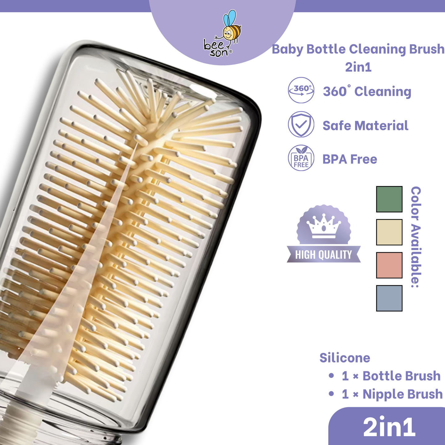 Beeson 2in1 Baby Bottle & Teats Cleaning Silicone Brush With 360° Rotating Handle | 11247