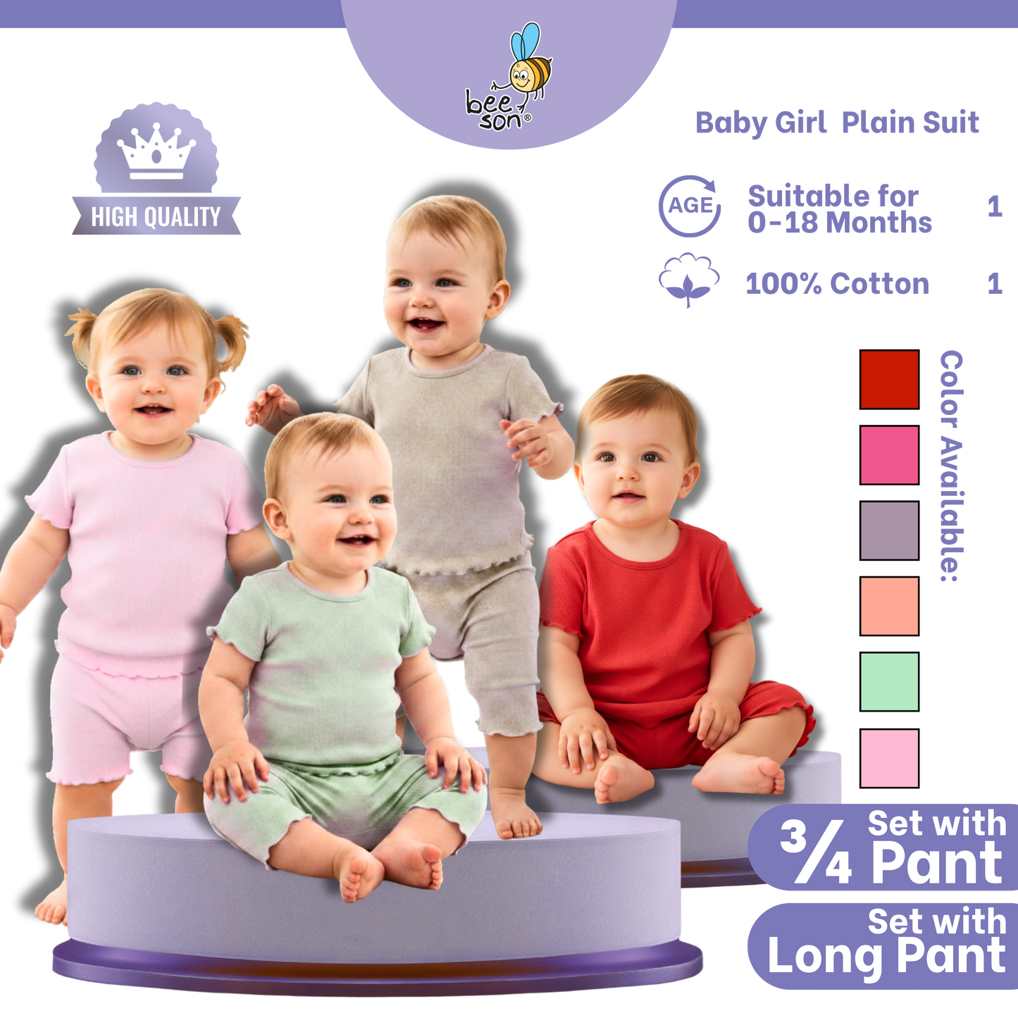 Beeson Baby Girl 0-18 months 100% Cotton Plain Suit Short Sleeve / 3/4 Pant / Long Pant | 13385 | 13386