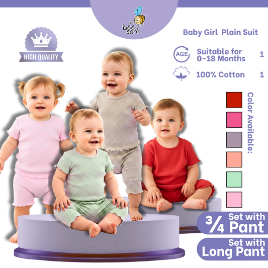 Beeson Baby Girl 0-18 months 100% Cotton Plain Suit Short Sleeve / 3/4 Pant / Long Pant | 13385 | 13386