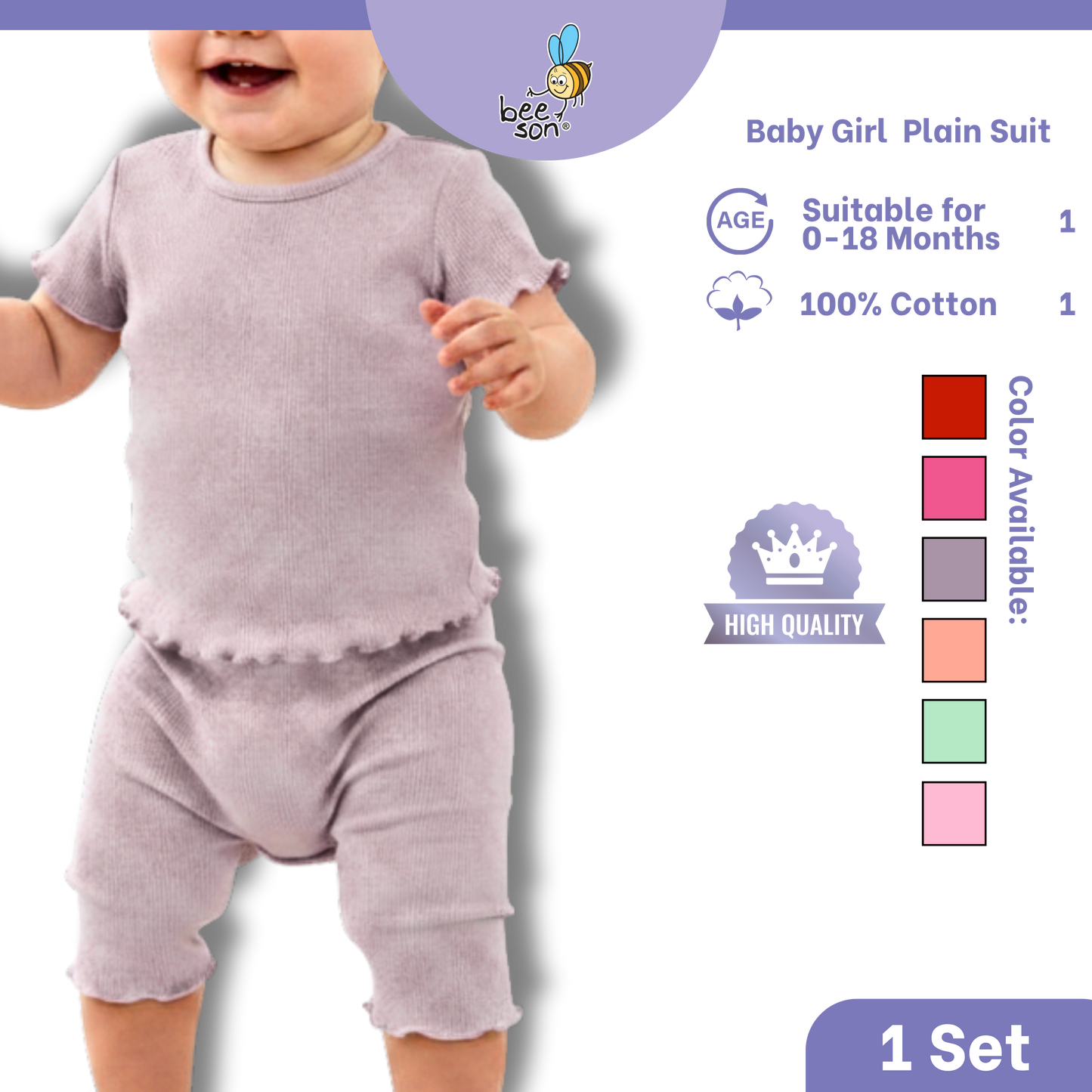 Beeson Baby Girl 0-18 months 100% Cotton Plain Suit Short Sleeve / 3/4 Pant / Long Pant | 13385 | 13386