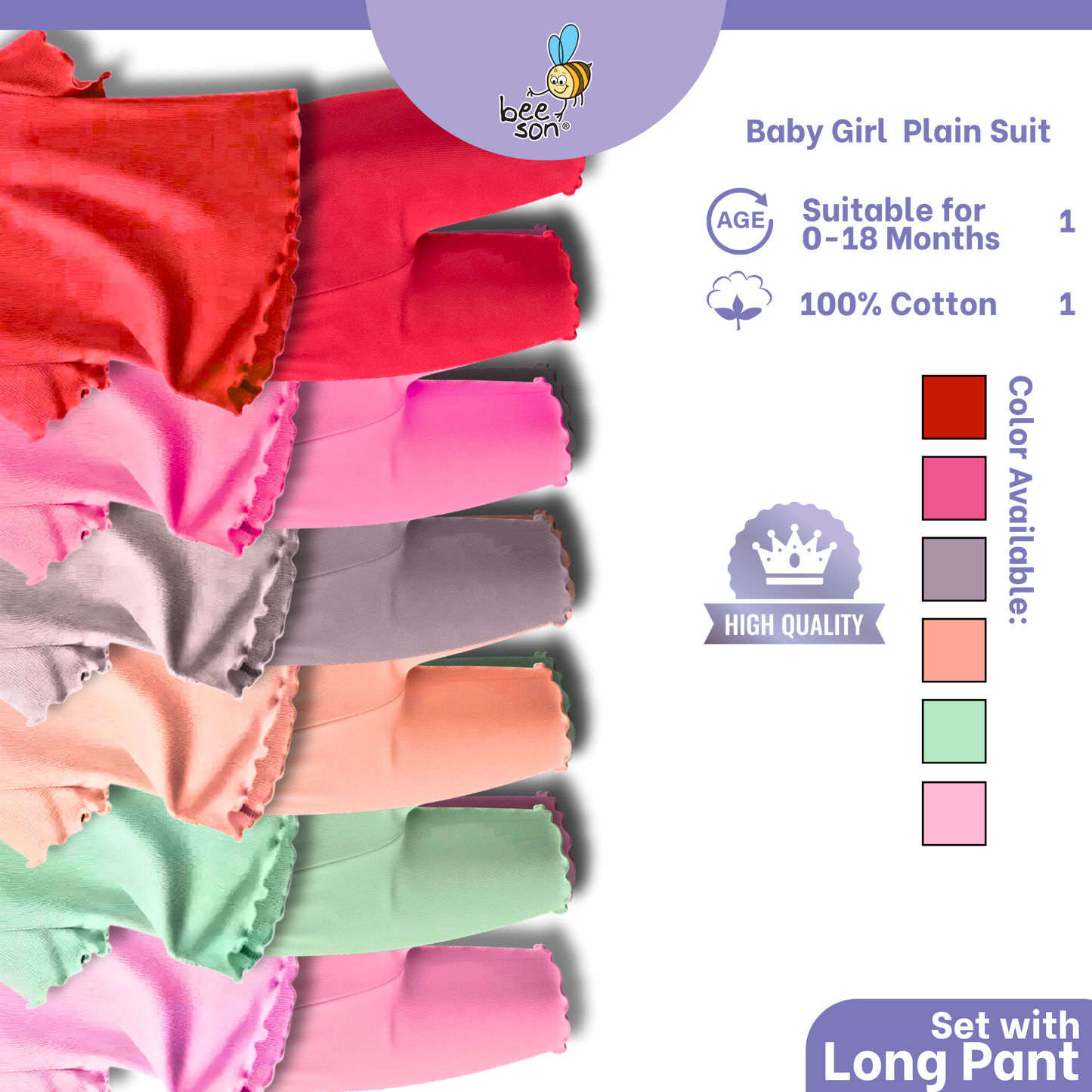 Beeson Baby Girl 0-18 months 100% Cotton Plain Suit Short Sleeve / 3/4 Pant / Long Pant | 13385 | 13386