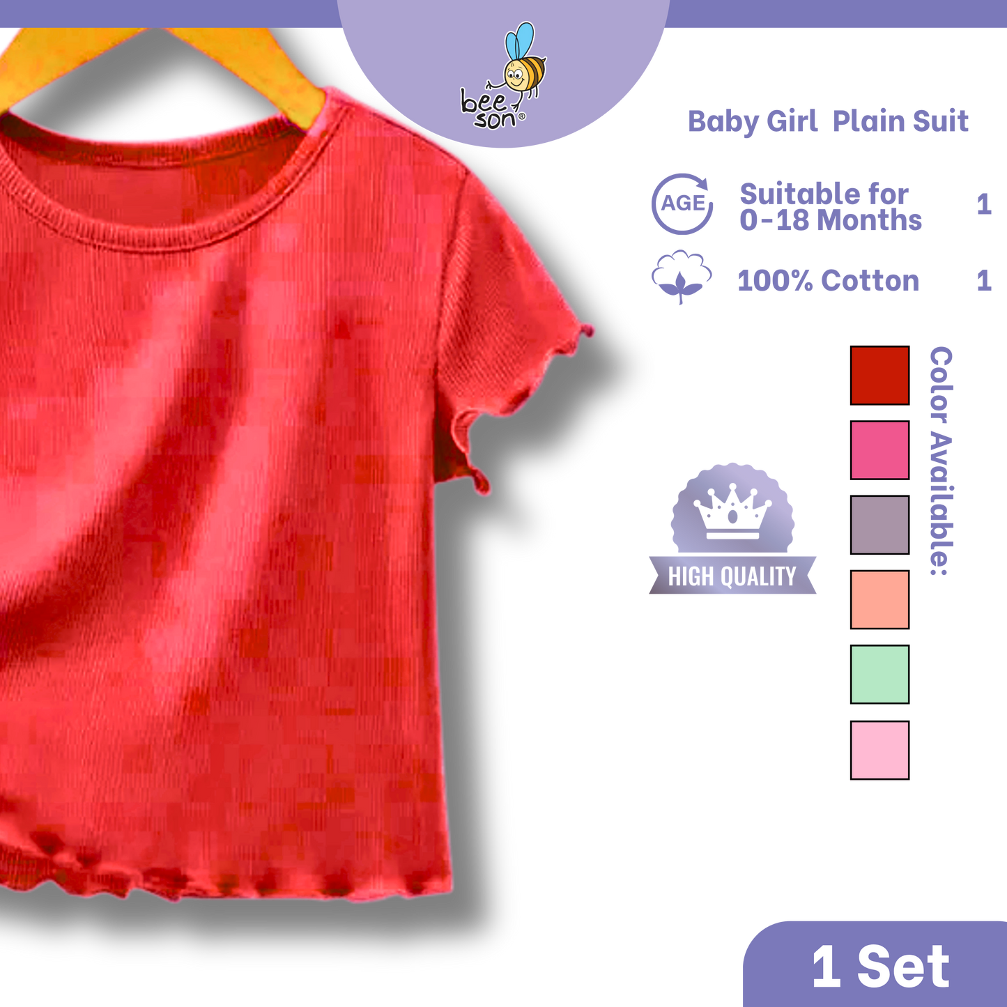 Beeson Baby Girl 0-18 months 100% Cotton Plain Suit Short Sleeve / 3/4 Pant / Long Pant | 13385 | 13386