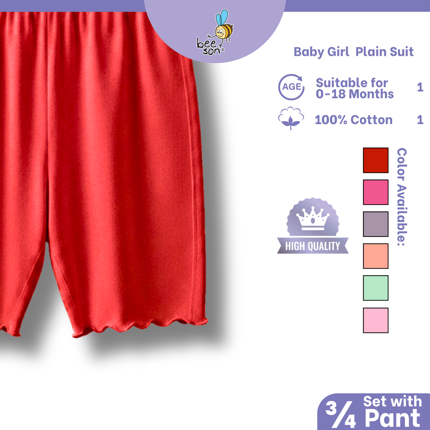 Beeson Baby Girl 0-18 months 100% Cotton Plain Suit Short Sleeve / 3/4 Pant / Long Pant | 13385 | 13386