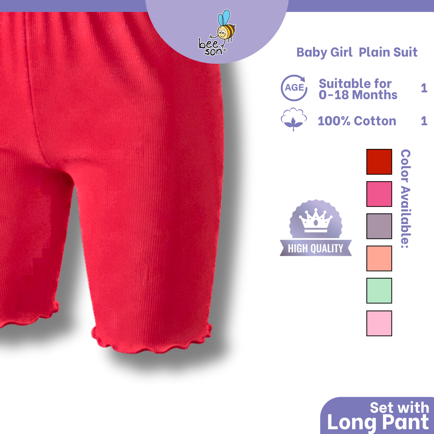 Beeson Baby Girl 0-18 months 100% Cotton Plain Suit Short Sleeve / 3/4 Pant / Long Pant | 13385 | 13386