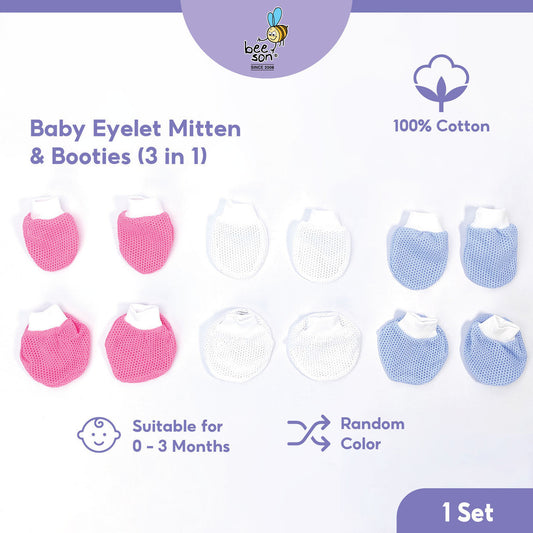 Beeson 3in1 Newborn Baby Eyelet Mittens & Booties Set Mix Colour 10571 AB