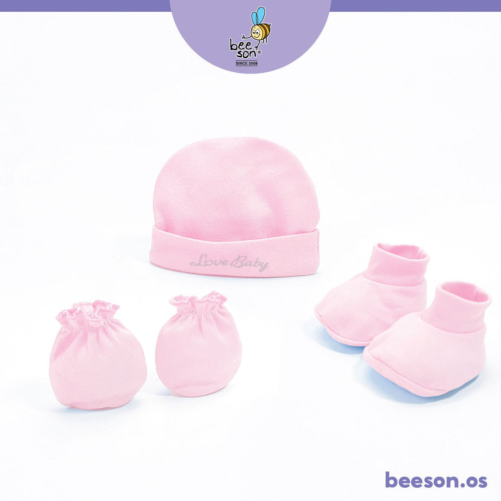 Beeson 3in1 Newborn Love Baby Mittens & Booties with Bonnet Set 10555