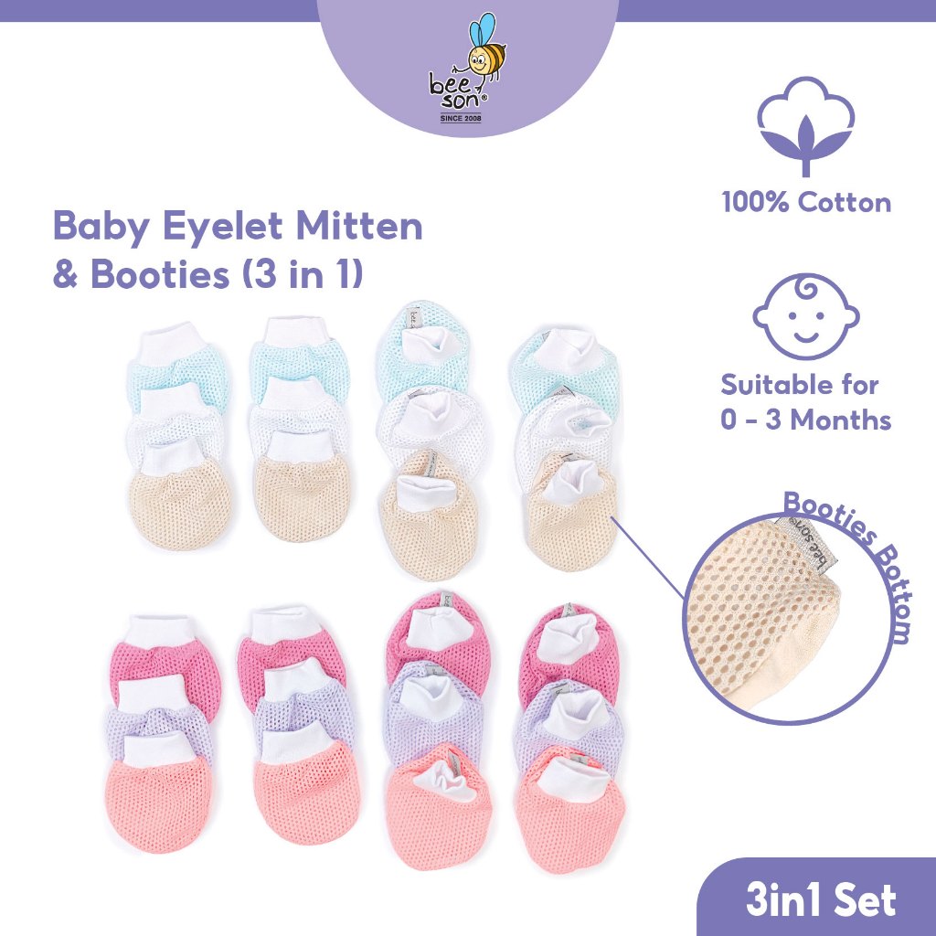 Beeson 3in1 Newborn Baby Eyelet Mittens & Booties Set Mix Colour 10572 AB