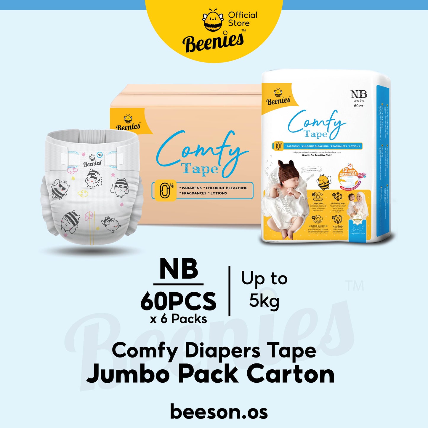 [Carton] Beenies Diapers Baby Comfy Tape Jumbo Pack - 6 packs