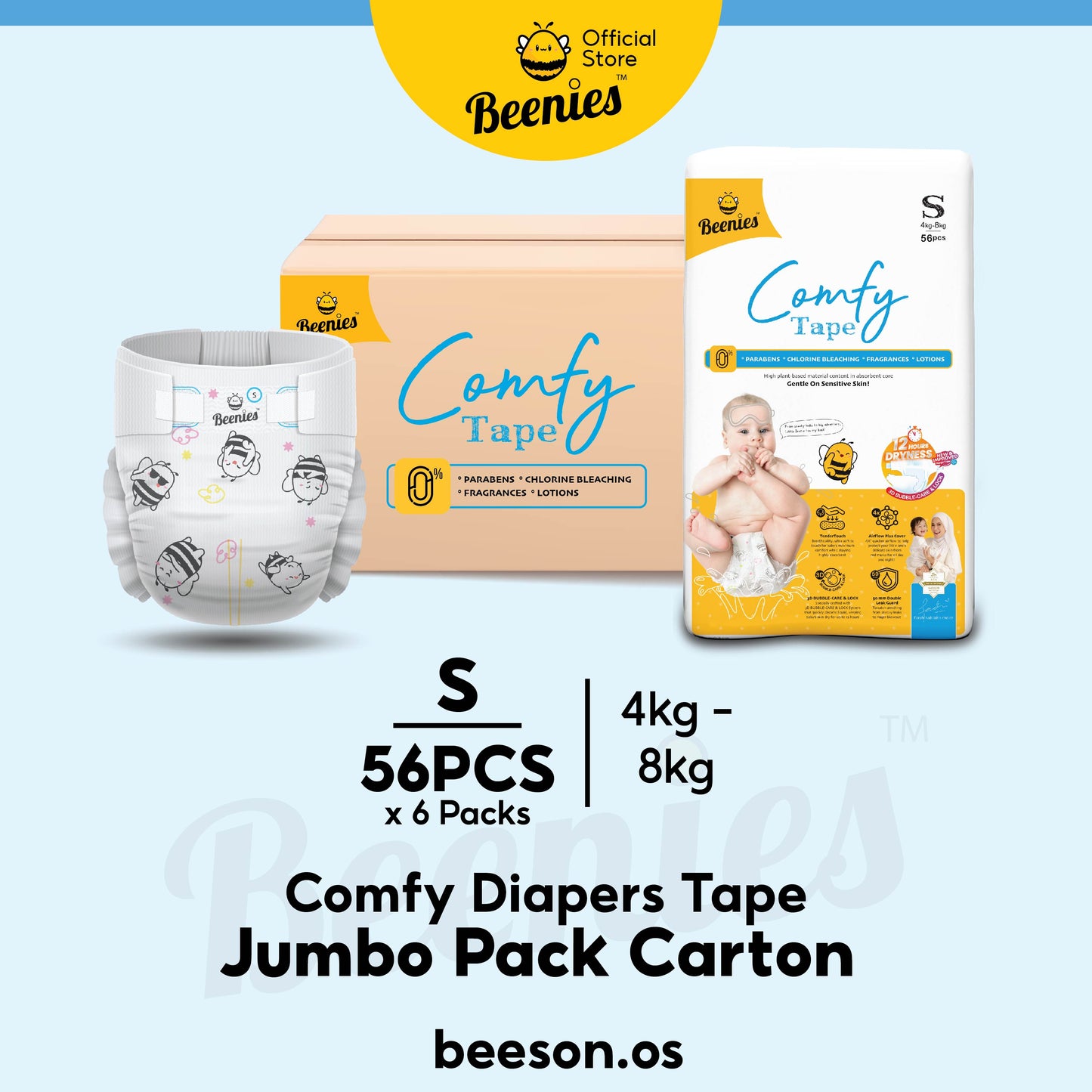 [Carton] Beenies Diapers Baby Comfy Tape Jumbo Pack - 6 packs