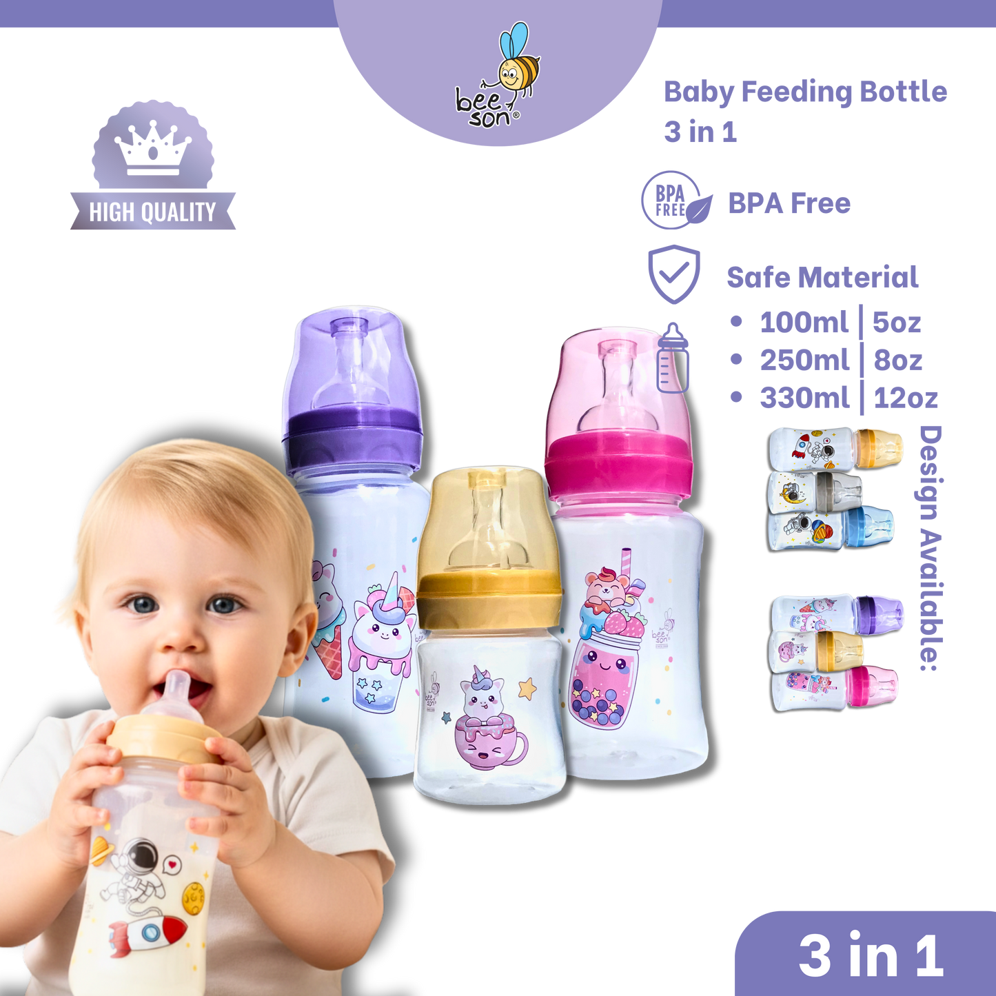 Beeson 3in1 | 2in1 Baby Wide Neck Feeding Bottle (100ml | 5oz) (250ml | 8oz) (330ml | 12oz) 80513 | 80514 | 80515